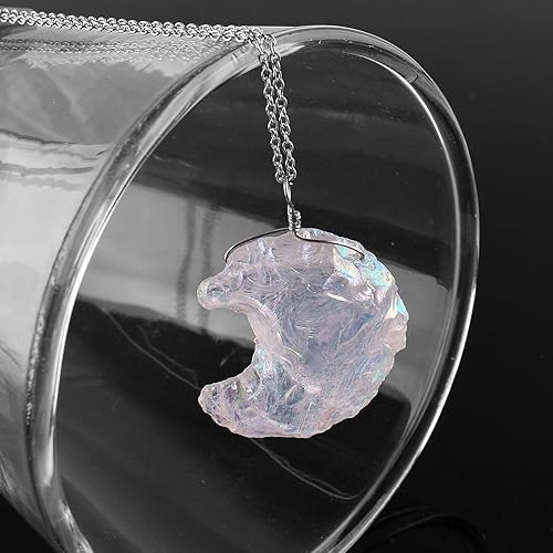 Miniatura 3 de Moon-Shaped Angel Aura Quartz Pendant - Artisan Hammered Finish - Rhodium Plated Sterling Silver - Celestial Healing Crystal Necklace - Fashionable