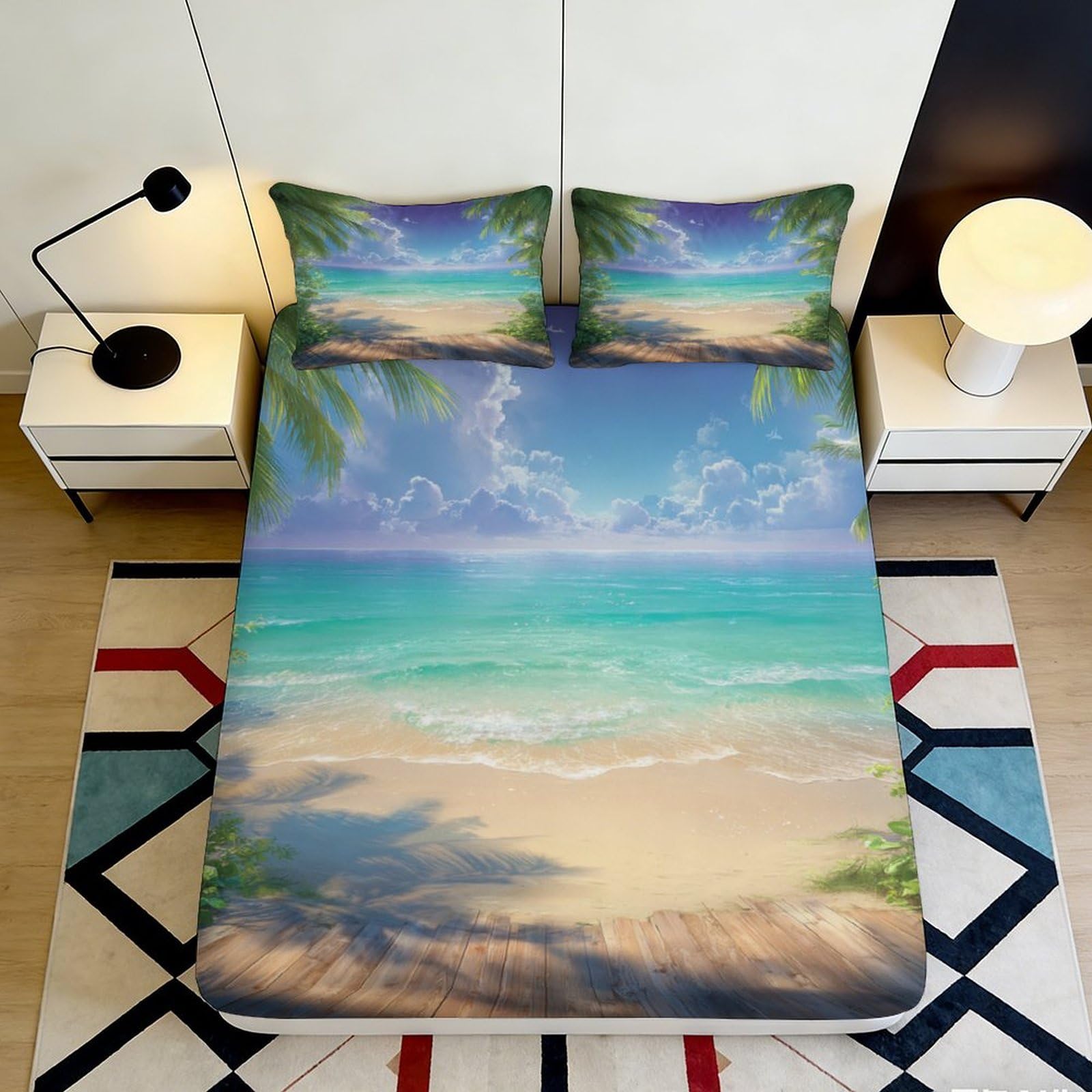 3D Printed Tropical Beach Fitted Sheet Microfiber Ocean Sunrise Mattress Cover Non-slip Washable for Bedroom Guestroom 90x200x25cm