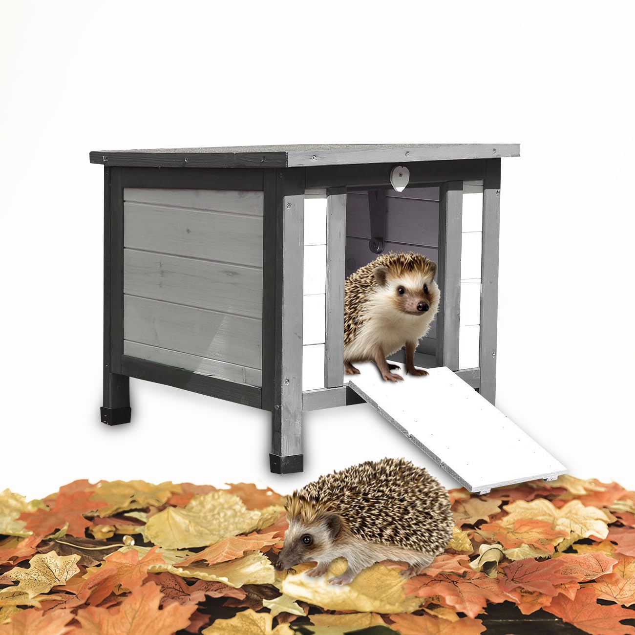 Melko Casa de erizo resistente al invierno con suelo y techo resistente a la intemperie para erizos con tapa plegable, 50 x 45 x 43 cm, cabaña para erizos, color gris y blanco