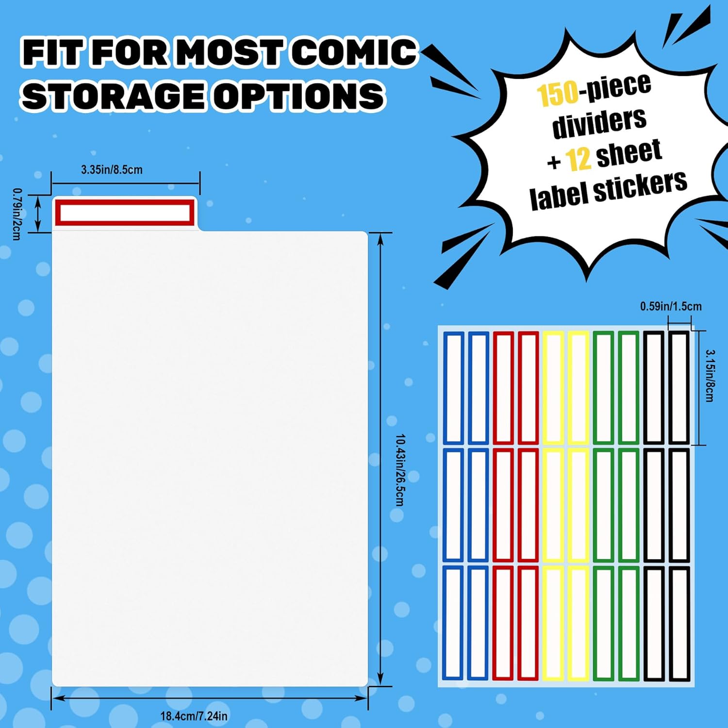 AKONEGE 150 Pack Comic Book Dividers with Tab and 12 Pack Colorful Label Stickers for Comic Book Storage Boxes Bins, 11.25" x 7.25" White Frosted Plastic Dividers Organize Boards for Fabric, Magazine