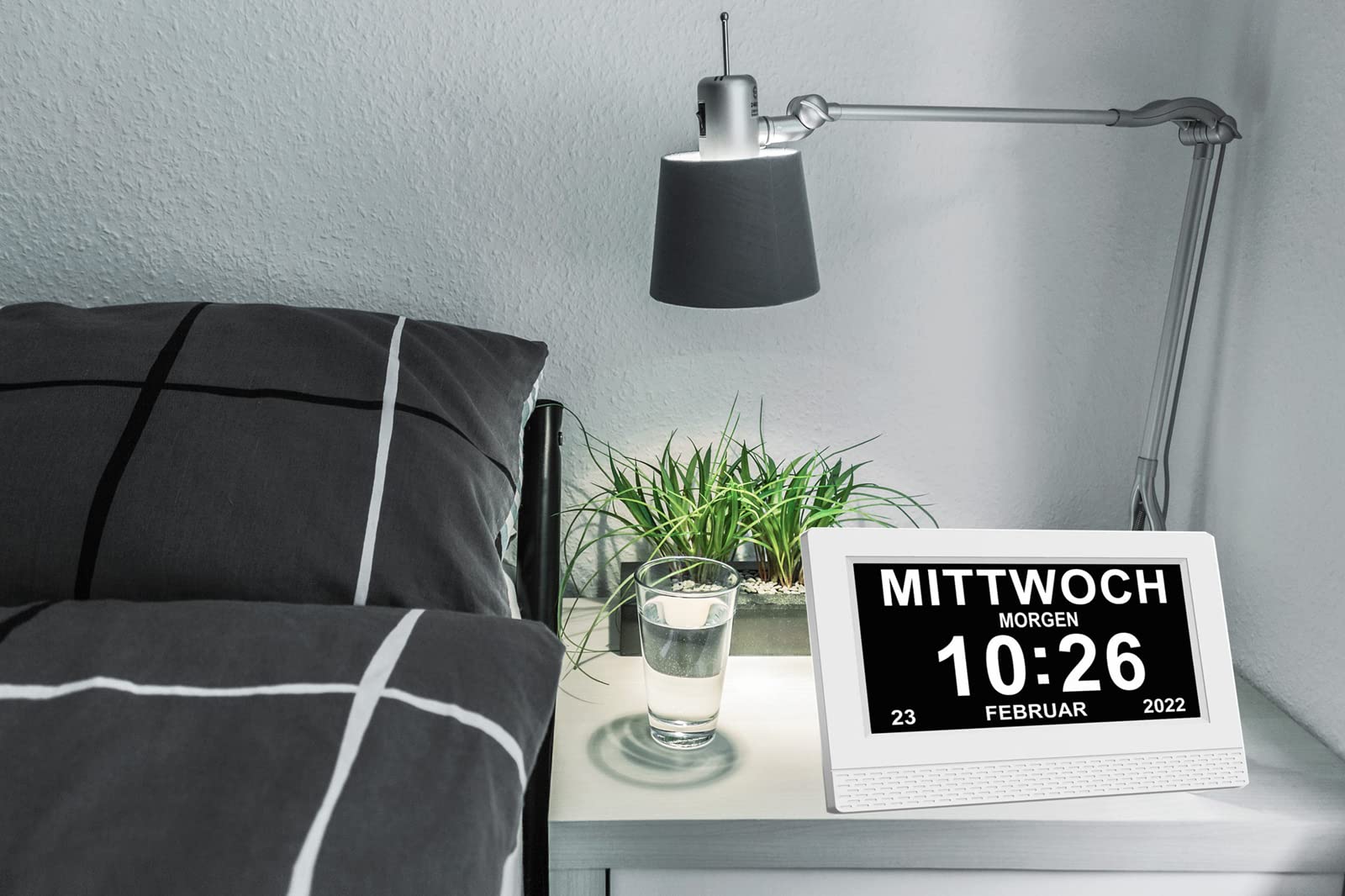 Reloj digital de 7 pulgadas, despertador digital con ajuste automático de brillo, pantalla LCD silenciosa, alarma silenciosa con humedad y temperatura para adultos y niños y enfermedad de