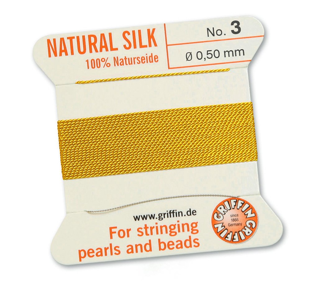 GRIFFIN 100% Natural Silk Beading Cord String Thread - Yellow - 2 metres with one needle - Size 0.50mm