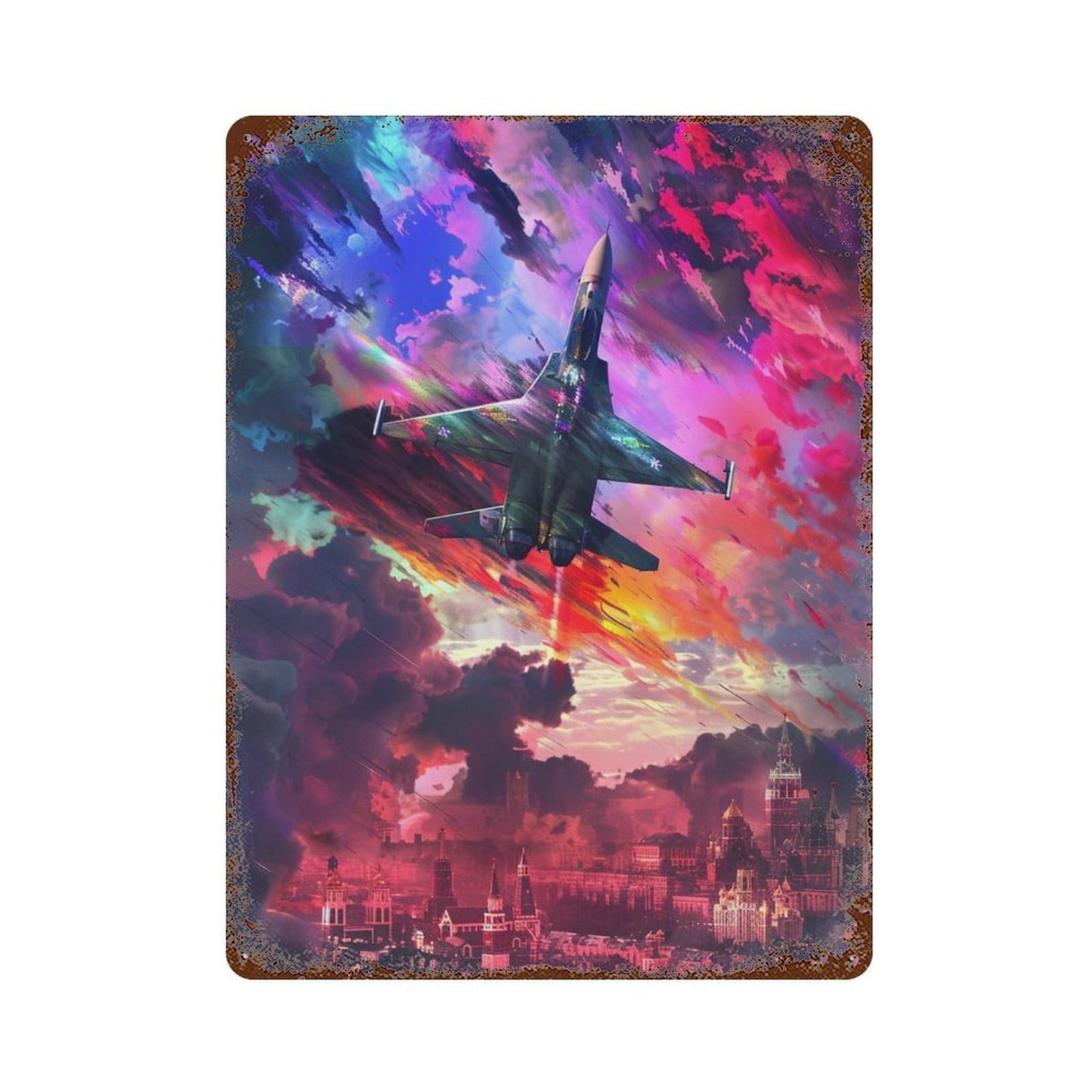 Colorful Sky Jet Flight Weathered Tin Sign 15.7"x11.8", Rustic Home Decor for Garage, Pub Or Kitchen