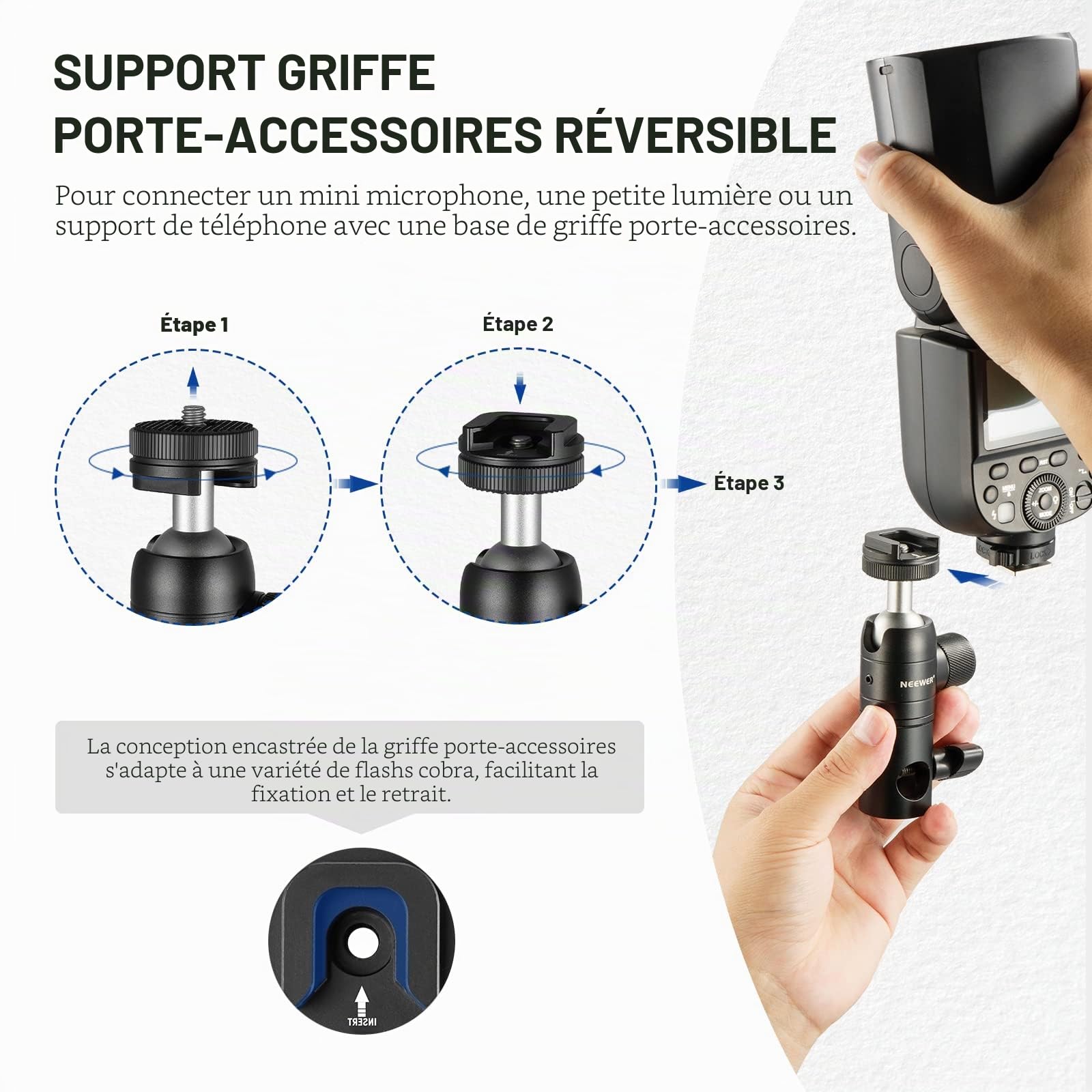 NEEWER Lot de 2 adaptateurs de Support d'éclairage avec Griffe Froide, Mini tête sphérique à vis de 6,35 mm, Plaque de Montage réversible pour Anneau Lumineux de Moniteur d'appareil Photo, Convient à
