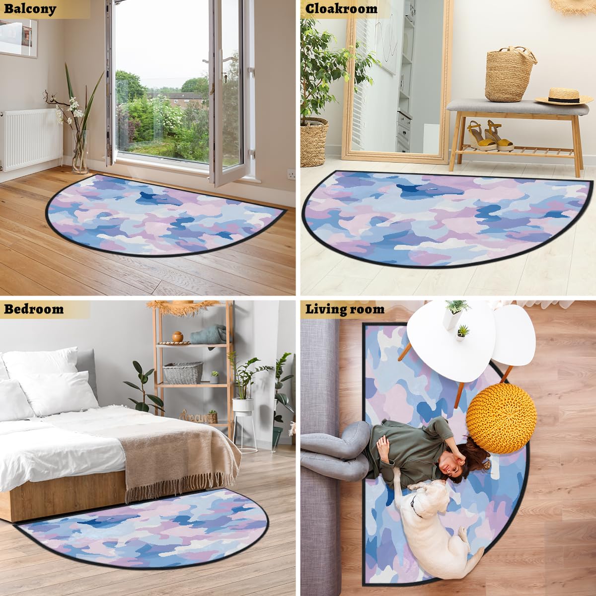 Mexpekil Paillasson demi-lune camouflage rose violet pour intérieur et extérieur - Demi cercle - Tapis de sol absorbant - Demi-rond - 100 x 160 cm