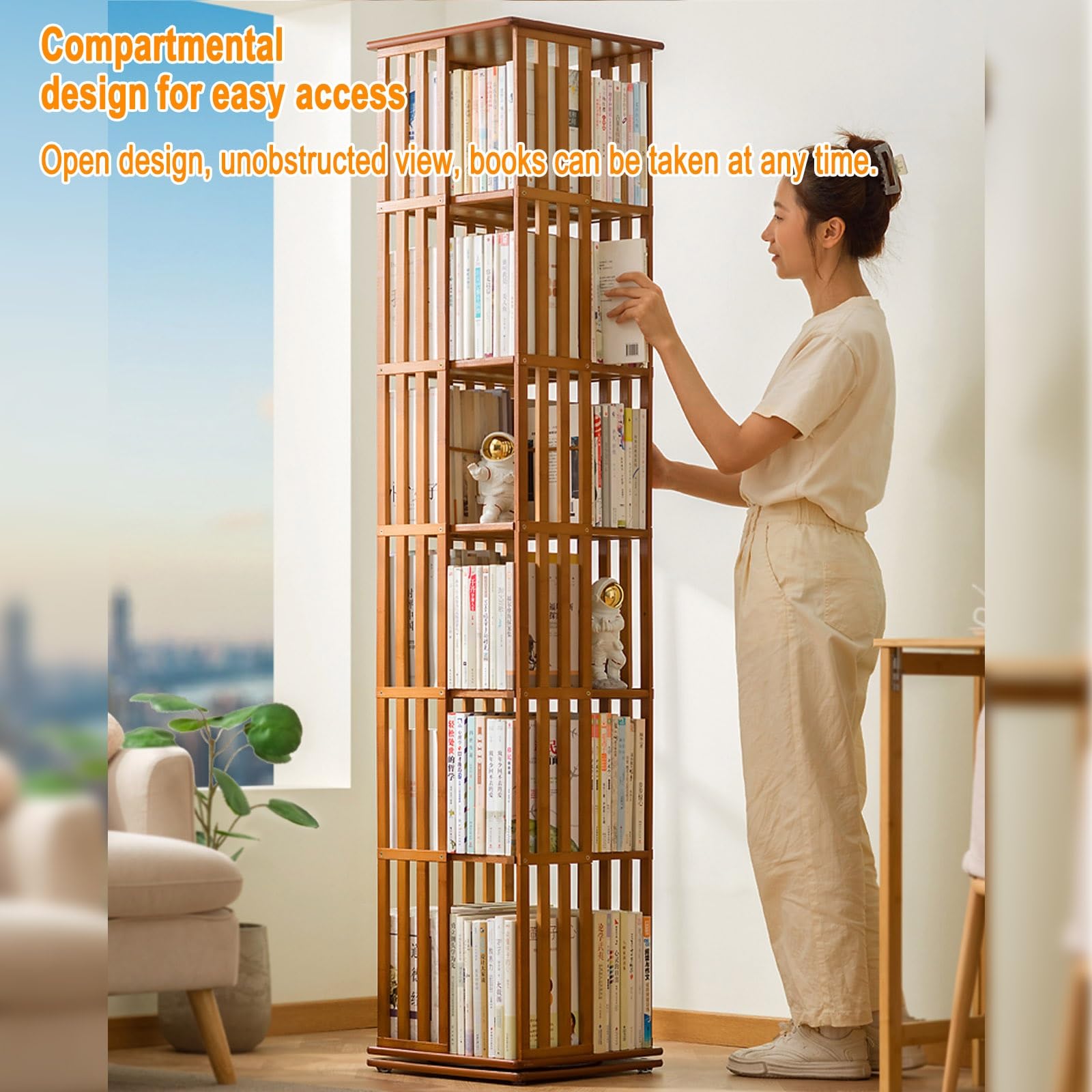 Amazon｜回転機能付き竹製スタンディングブックシェルフ、360°回転式