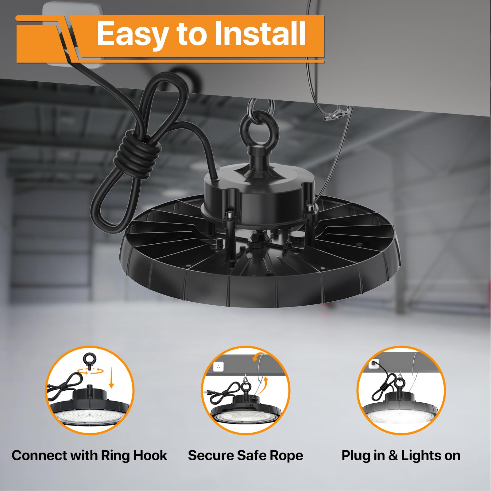 UFO LED High Bay Light 150W 5000K Led Shop Lights 21000LM IP65 AC100-277V with US Plug 5 Cable — view 6
