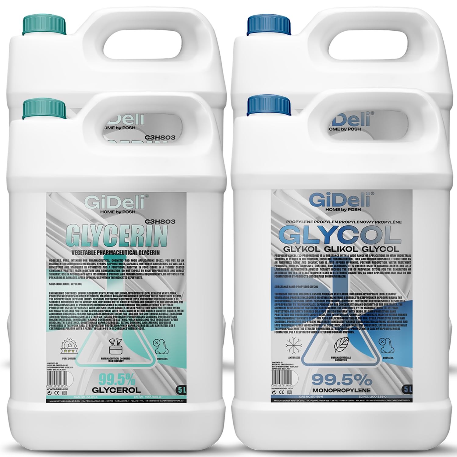 GiDeli Glycerin & Propylenglykol Set 99,5% - 2 x 5 L VG + 2 x 5 L PG - E422 + E1520 - Pharmaqualität Ph.Eur. - Vegan - Pflanzliches Glycerin Flüssig - Mischbasis 50 50 für DIY Kosmetik