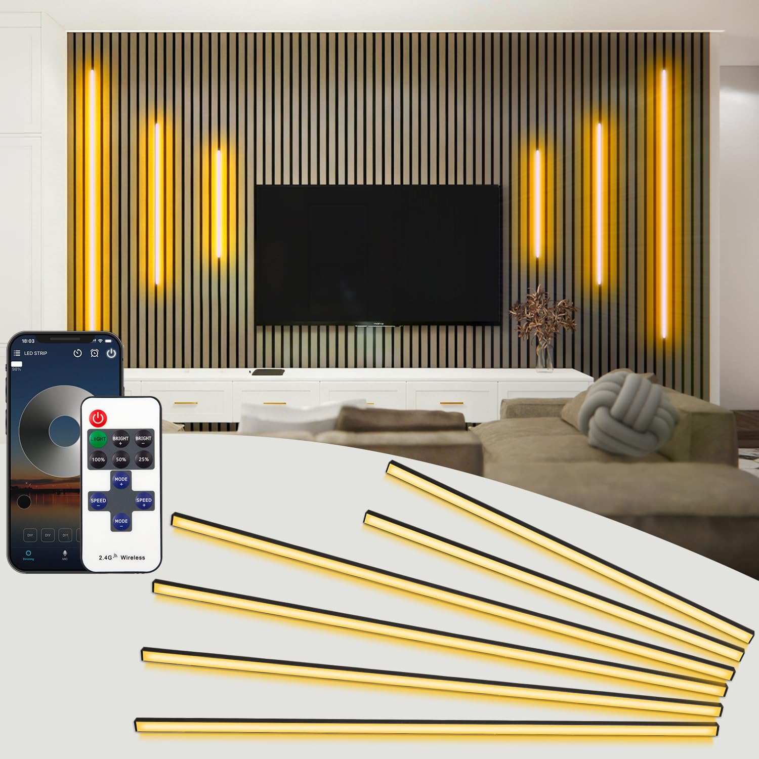 SHUNLEE 6 Tiras Negras LED para Paneles Acústicos, Tira LED para Paneles Acústicos de Madera con Bluetooth, Regulable Luz Blanca Cálida 2700K, Ideal en Paredes y Estantes (40cm*2+70cm*4)