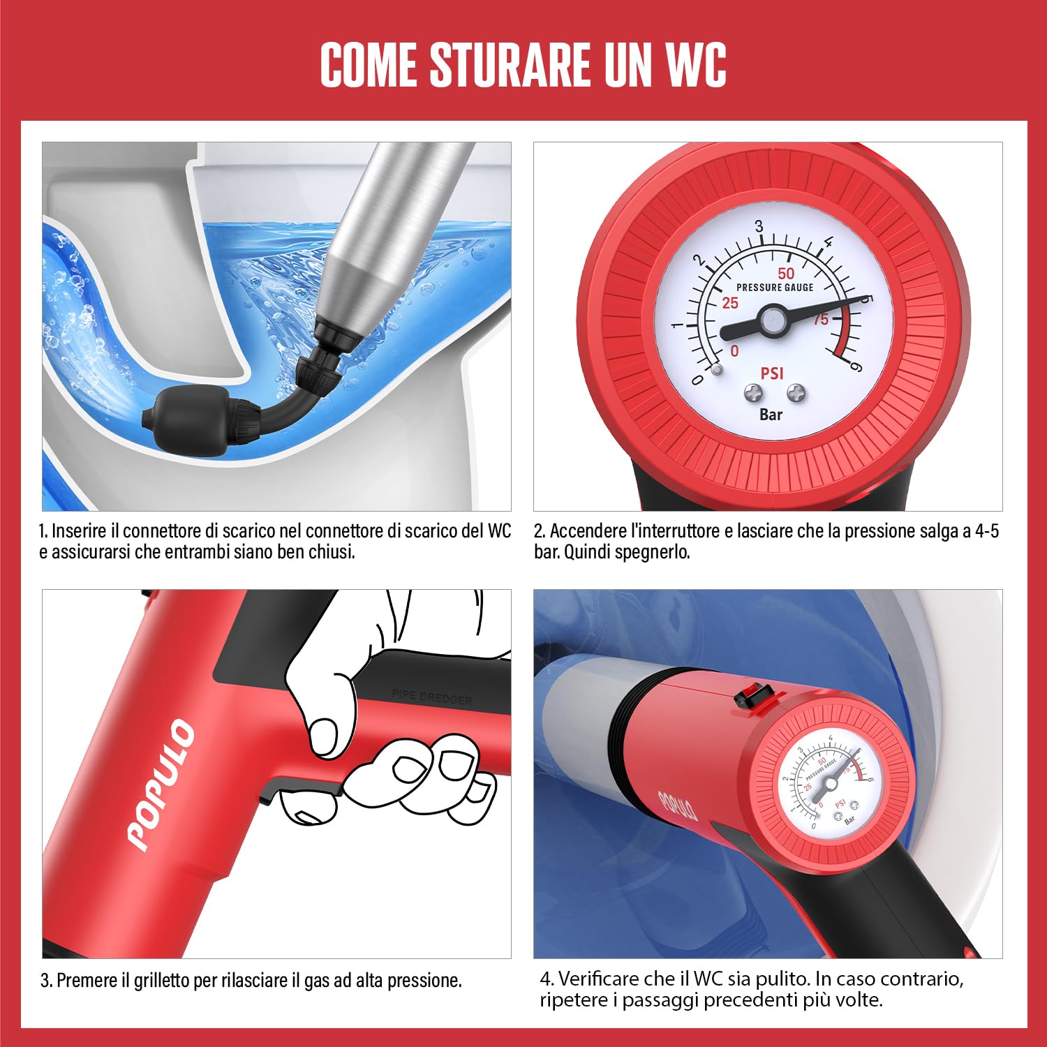 POPULO Stantuffo elettrico per WC Swift, ad alta pressione, per bagno, pavimenti, doccia, resistente, versatile, per la rimozione degli intasamenti del WC domestico