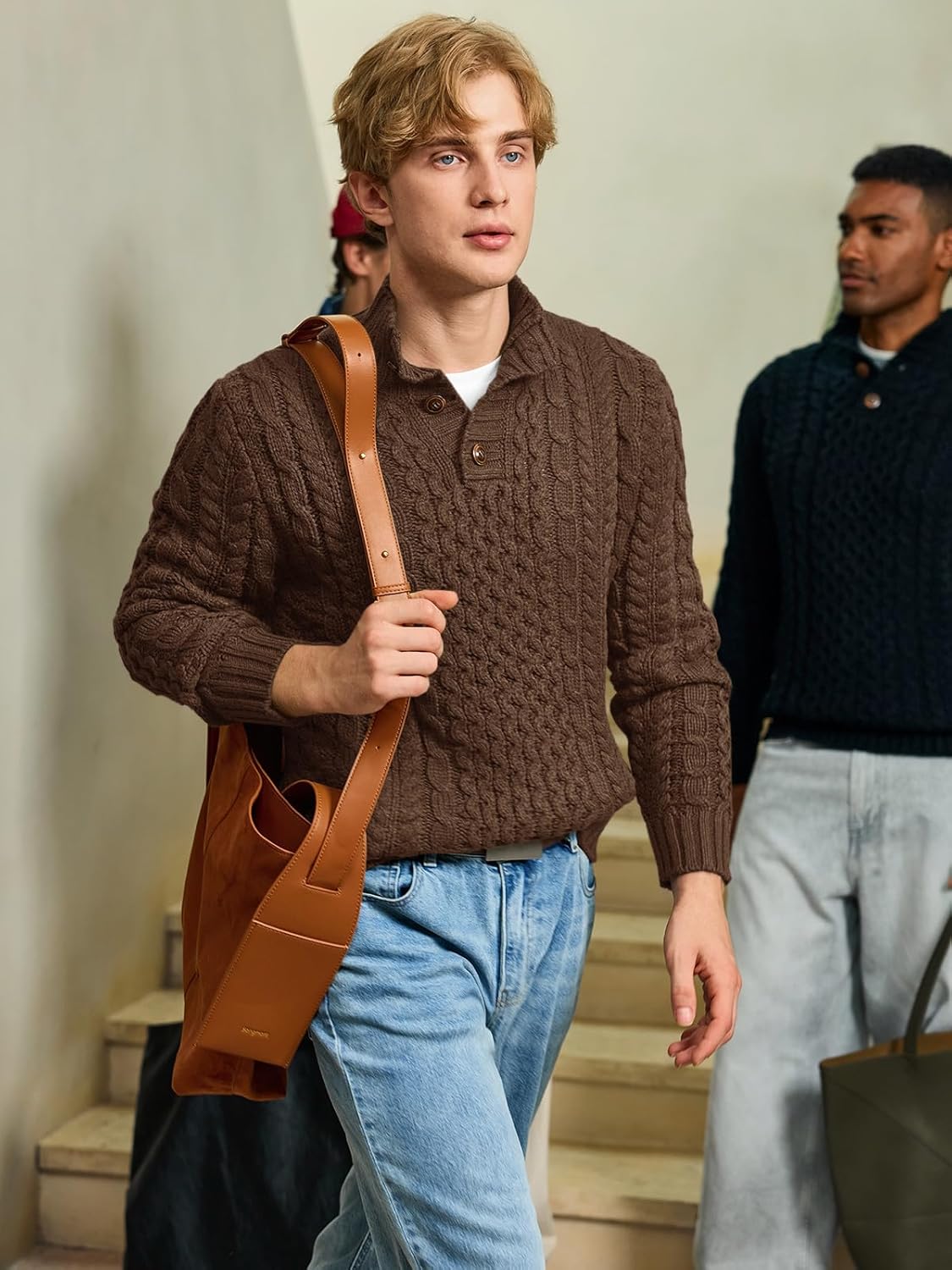 Bbalizko Mens Stand Collar Pullover Sweater Cable Knitted Chunky Winter Fashion Buttons Twisted Thermal Sweaters - Image 2