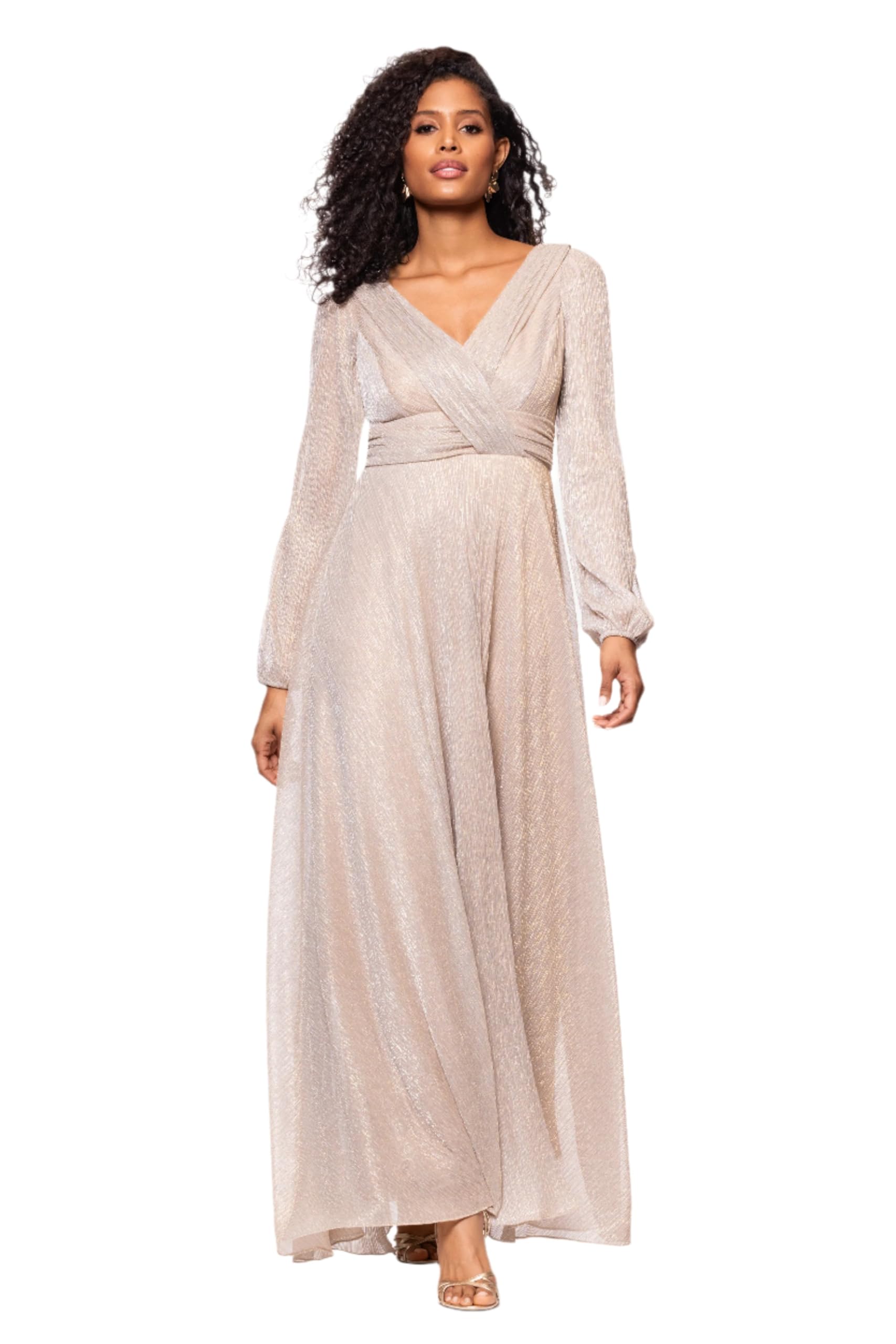Betsy &amp; Adam Women's Slit Long Sleeve Metallic V Neck Gown