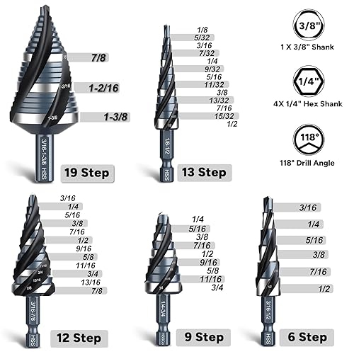 Miniatura 3 de Juego de 4 brocas en espiral con paso de flauta, 18"-1-38", 5 brocas de acero de alta velocidad con vástago hexagonal de 14 y 38 pulgadas para acero