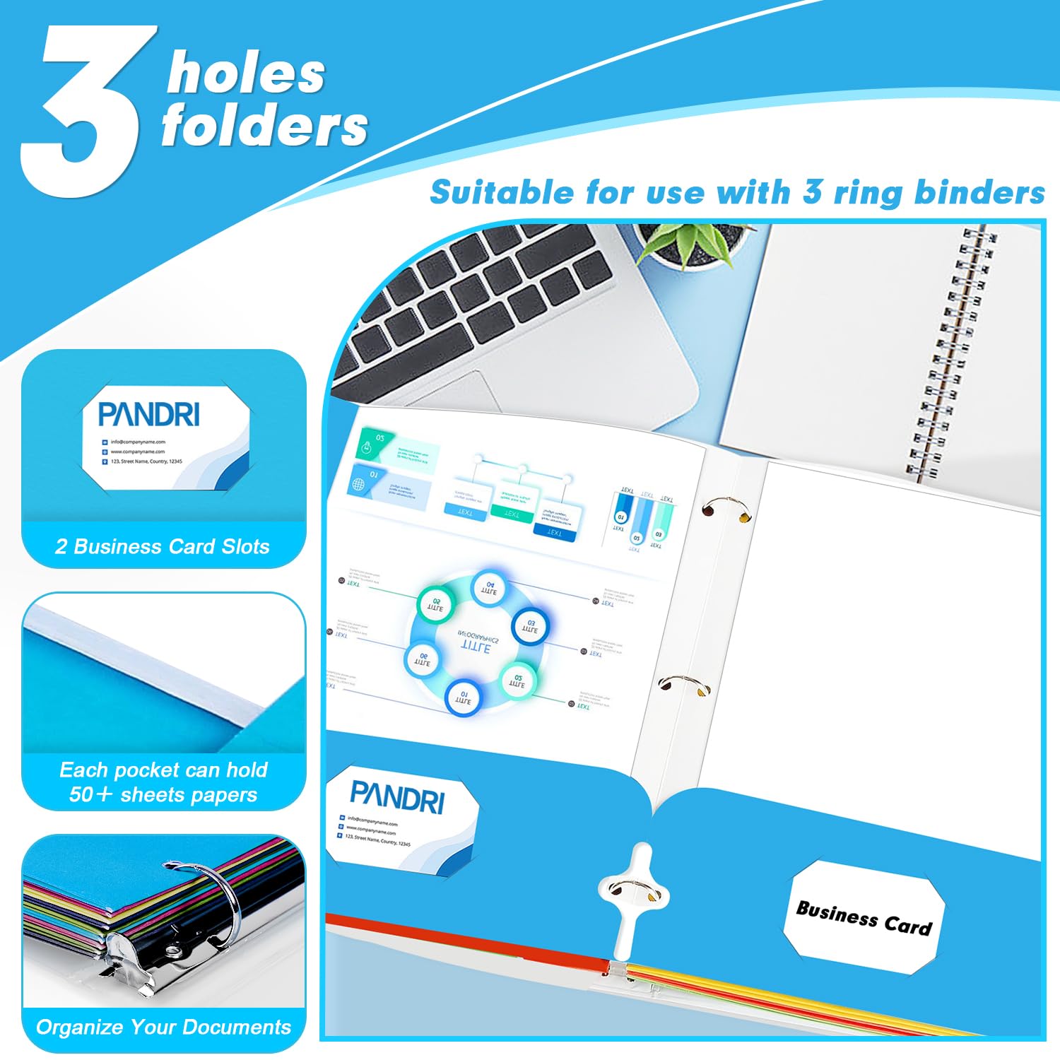 Two Pocket Portfolio Folders, PANDRI 60 Pack 3 Hole Punched 2 Pocket Folders for 3-Ring Binder, Letter Size Paper File Folder for School Office Home Business, Assorted 6 Colors