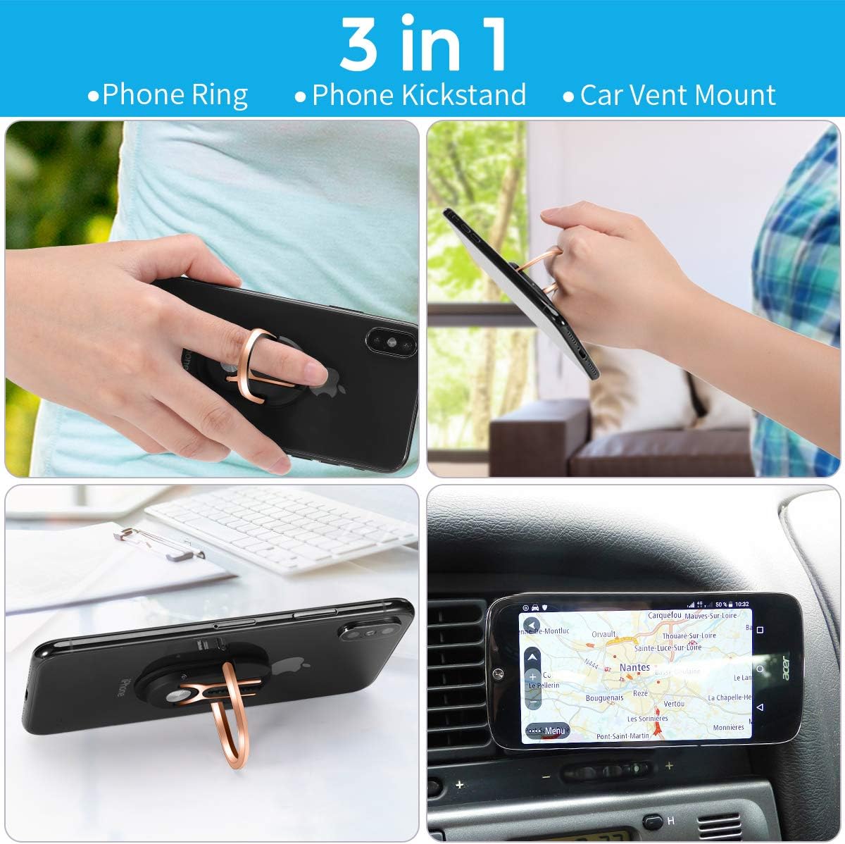 Cell Phone Ring Holder Stand, 3 in 1 MR. YLLS Universal Air Vent Car Phone Mount and Finger Grip Ring Kickstand, 360°Rotation & 90°Flip (Black & Gold)