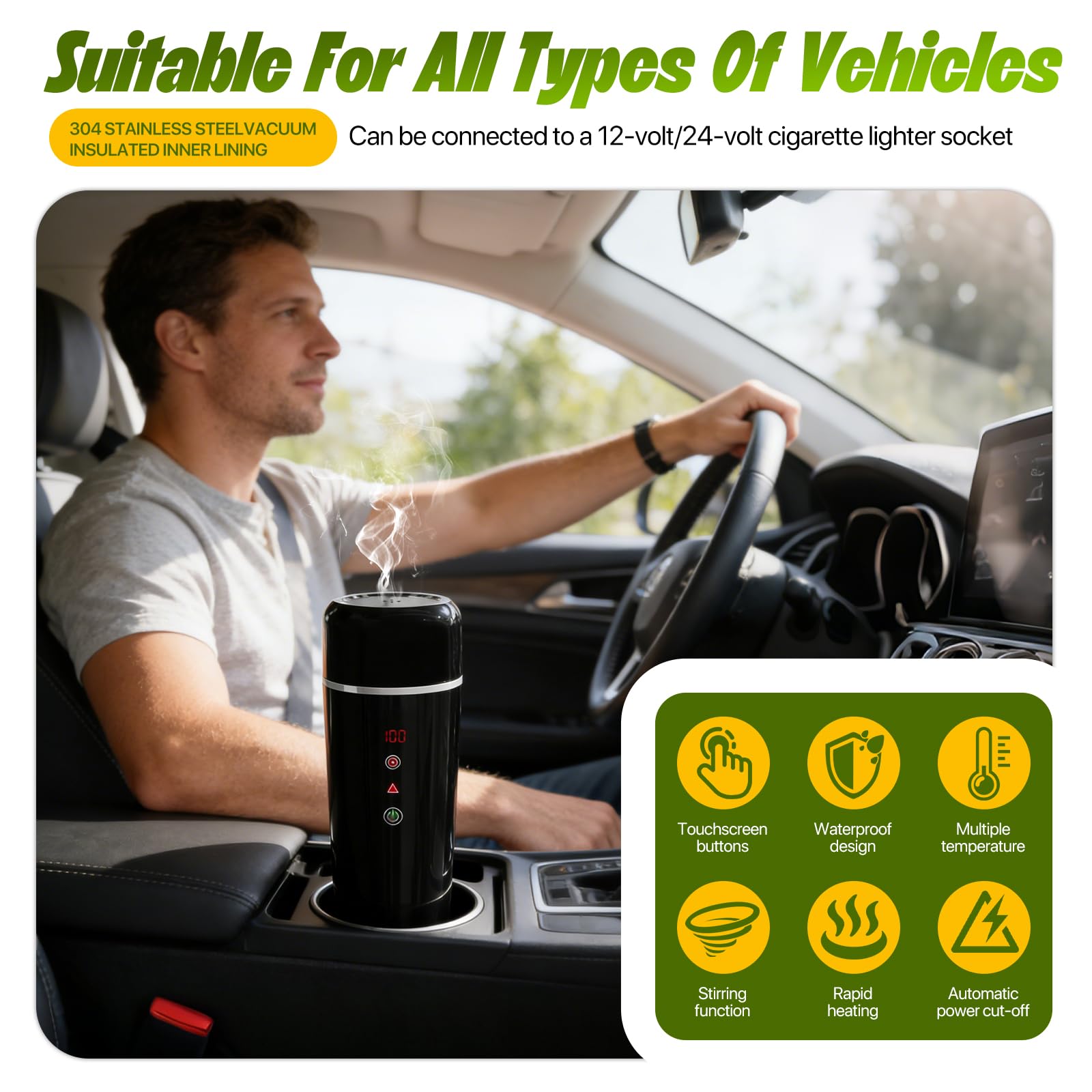Bouilloire Électrique Portable 12V, 420ml, Acier Inoxydable 304, Noir, Chauffage Rapide, pour Voiture Camion Taxi, Camping Voyage