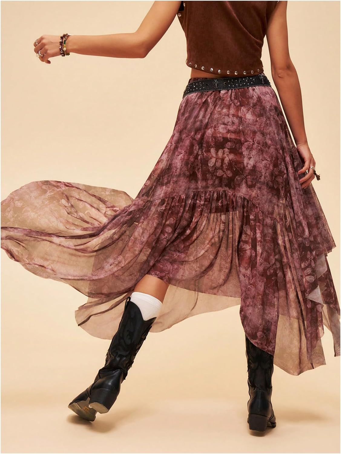 Women's Floral Asymmetrical Midi Skirt Boho Ruffle Mesh Elastic High Waist A Line Flowy Skirt Vintage Pirate Skirt - Image 2