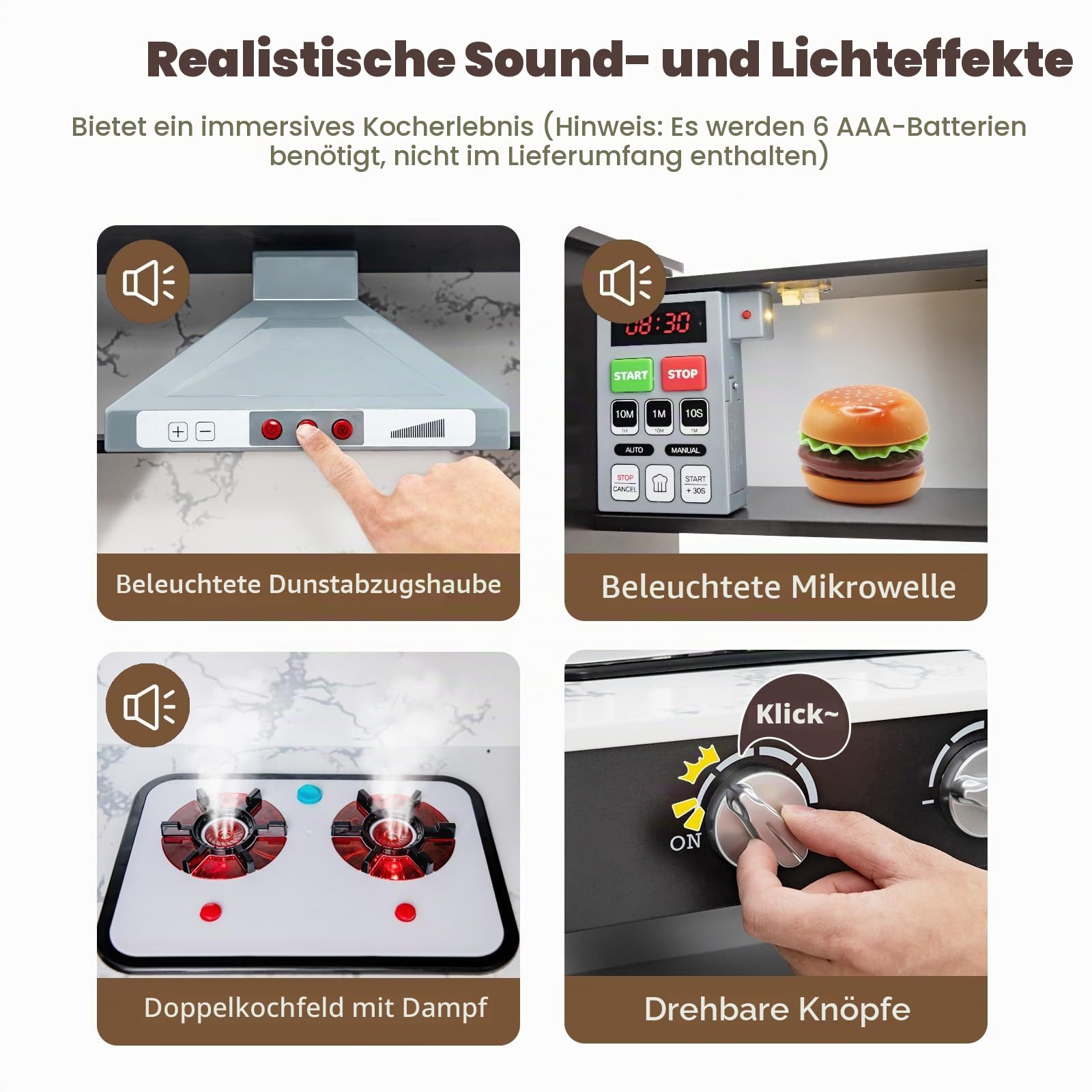 HOMASIS Eck Kinderküche Holz, Spielküche mit Licht, Sound & Dampf, inkl. 16 Zubehör, Spielzeugküche mit Spüle Herd Ofen Mikrowelle Eismaschine Kühlschrank Tafel, Küchenspielset für ab 3 Jahren (Braun)