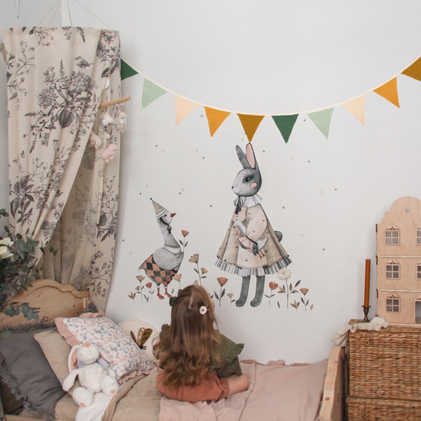 Doppelseitige Baumwoll-Wimpelgirlande - Dreieckige Baby-Wimpel für Kinderzimmer, Garten & Party-Dekoration (Morandi Grün)