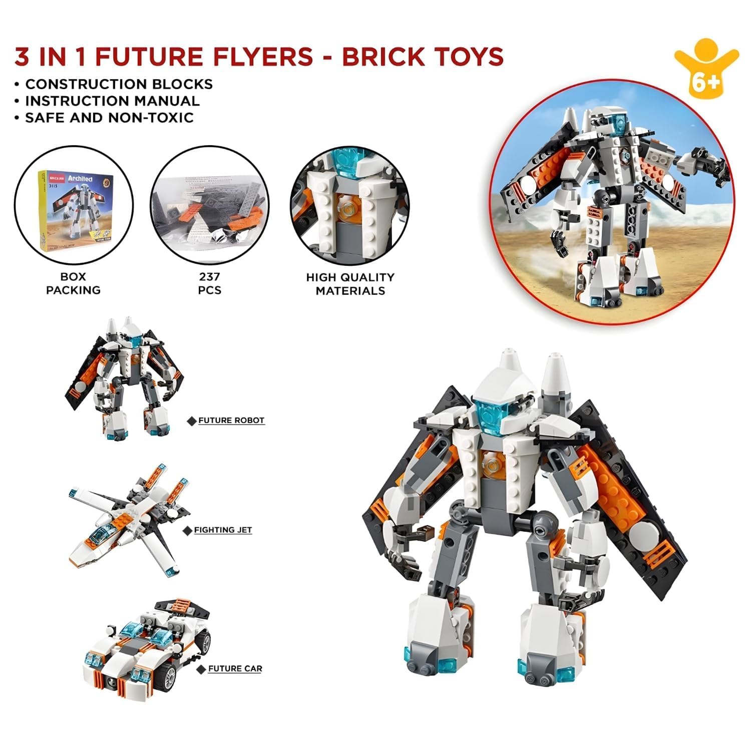 Galaxy Hi-Tech 3 in 1 Architect Brick Toys 237+ Pieces Building Block - Space Astronaut Theme Blocks and Bricks - Robot, car, Aircraft Educational Engineering Construction Learning Toy for Kids - Image 8 thumbnail