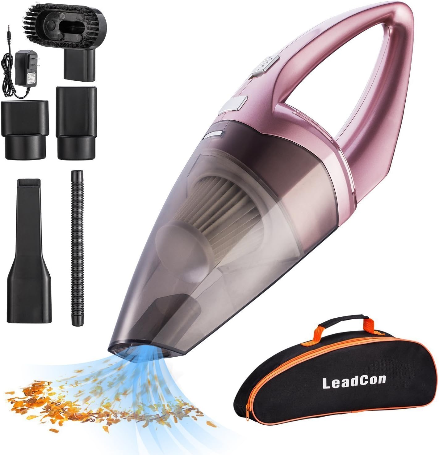 Cordless Handheld Car Vacuum Cleaner， LeadCon Cordless Wet/Dry Car Vacuum Cleaner with 2200mAH Rechargeable Battery, 4500PA Powerful Suction Hand-held Vacuum Cleaner with Carry Bag(12V 100W Gold)