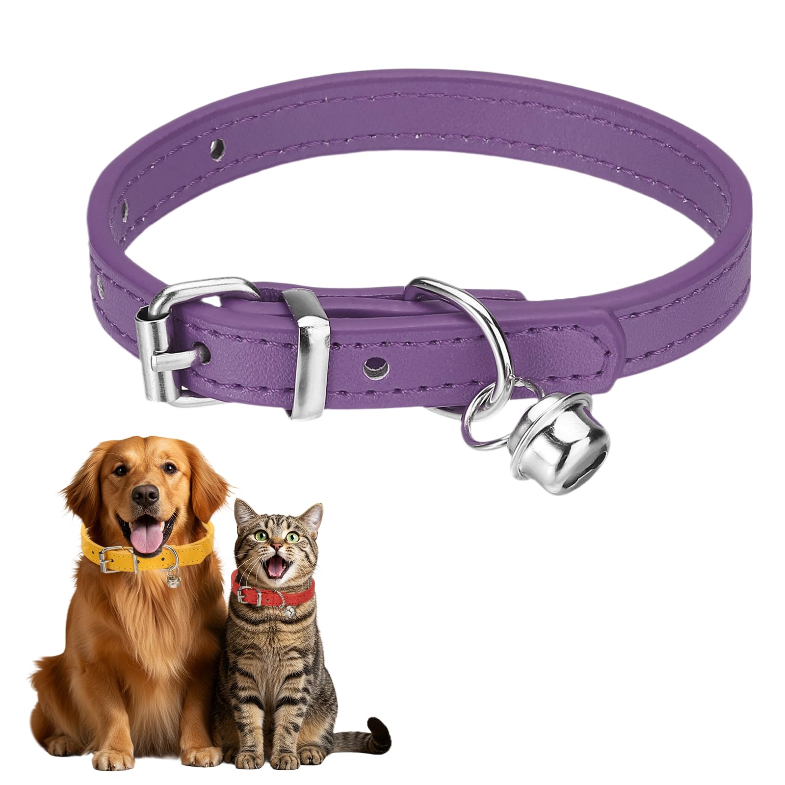 sourcing map Dog Collar with Bell, Pu Leather Cat Collars Pet Basic Soft Padded Adjustable Buckle, 10" (Purple, 1 Pcs), Intended for Teacup/Little Dog/Kitten Cats/Small Animals