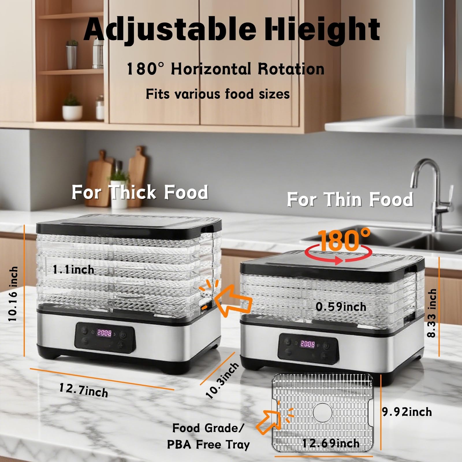Máquina deshidratadora de alimentos para alimentos y ceces, 300 W 165 °F Control de temperatura y temporizador de 24 horas con 5 bandejas sin BPA Secadora de frutas para corazones, frutas, golosinas