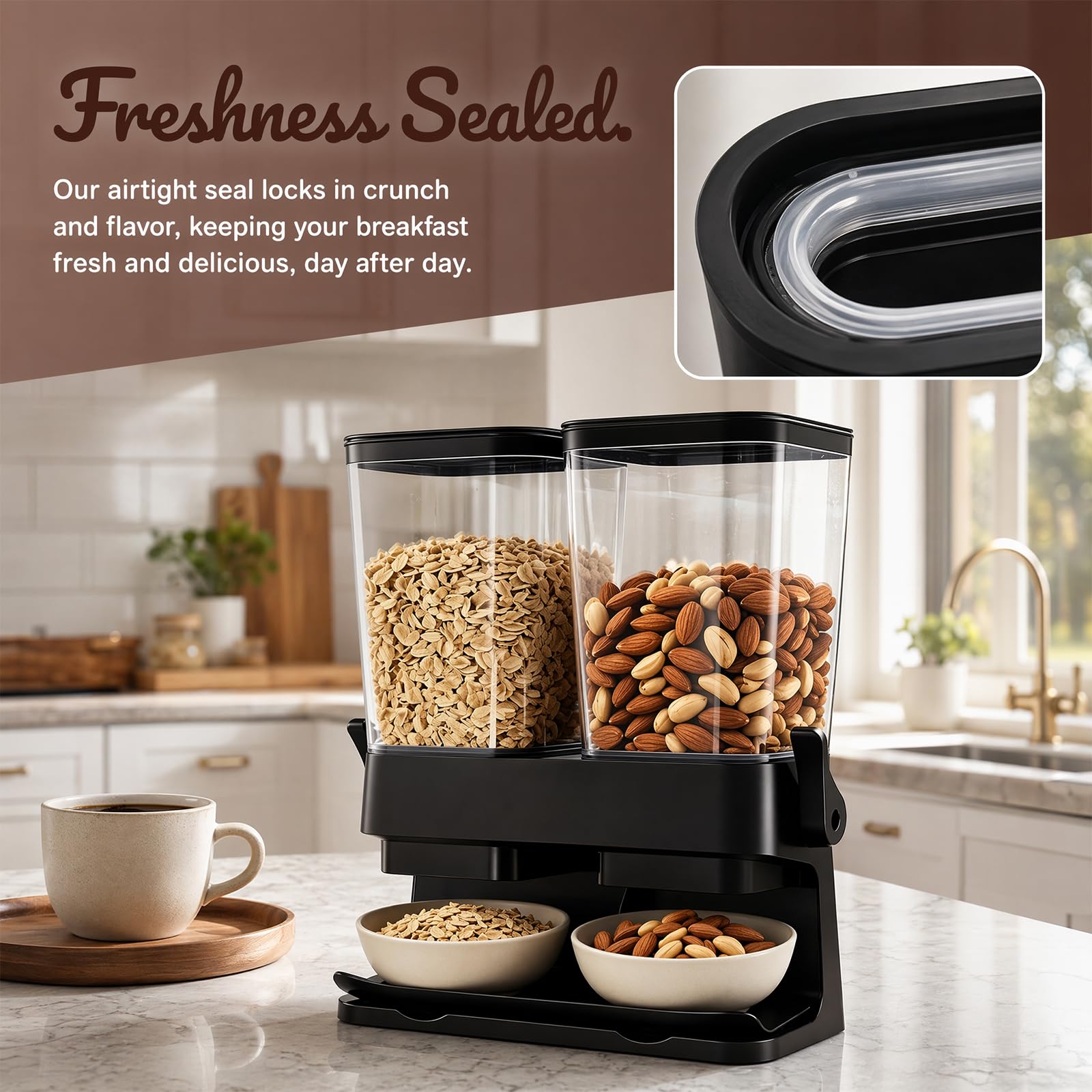Dispensador de Cereales 2 x 3L, Cereal Dispenser Doble Hermético con 2 Compartimentos, Dispensador para Cornflakes, Muesli, Frutos Secos, Café en Grano, Dulces y Alimentos Secos