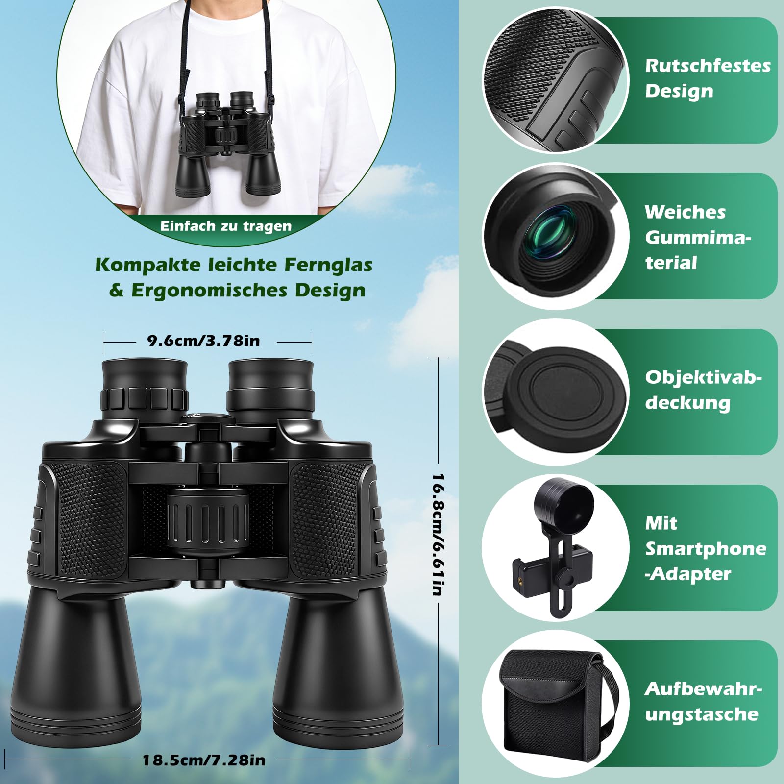 20x50 Fernglas für Erwachsene, Vogelbeobachtungs Ferngläser mit BAK4 Prism FMC-Objektiven - 26mm Großes Okular Clear View Fernglas, Objektiv für Vogelbeobachtung,Sport,Wandern,Reisen