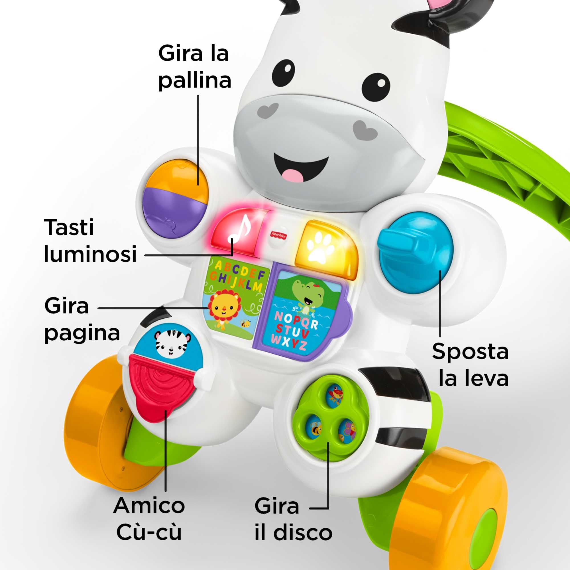 Fisher-Price Zebra Primi Passi Spingibile, Giocattolo Elettronico Educativo con Musica e Suoni, per Camminare, per Bambini di 6+ Mesi, Italiano Imballaggio Sostenibile, HBB66