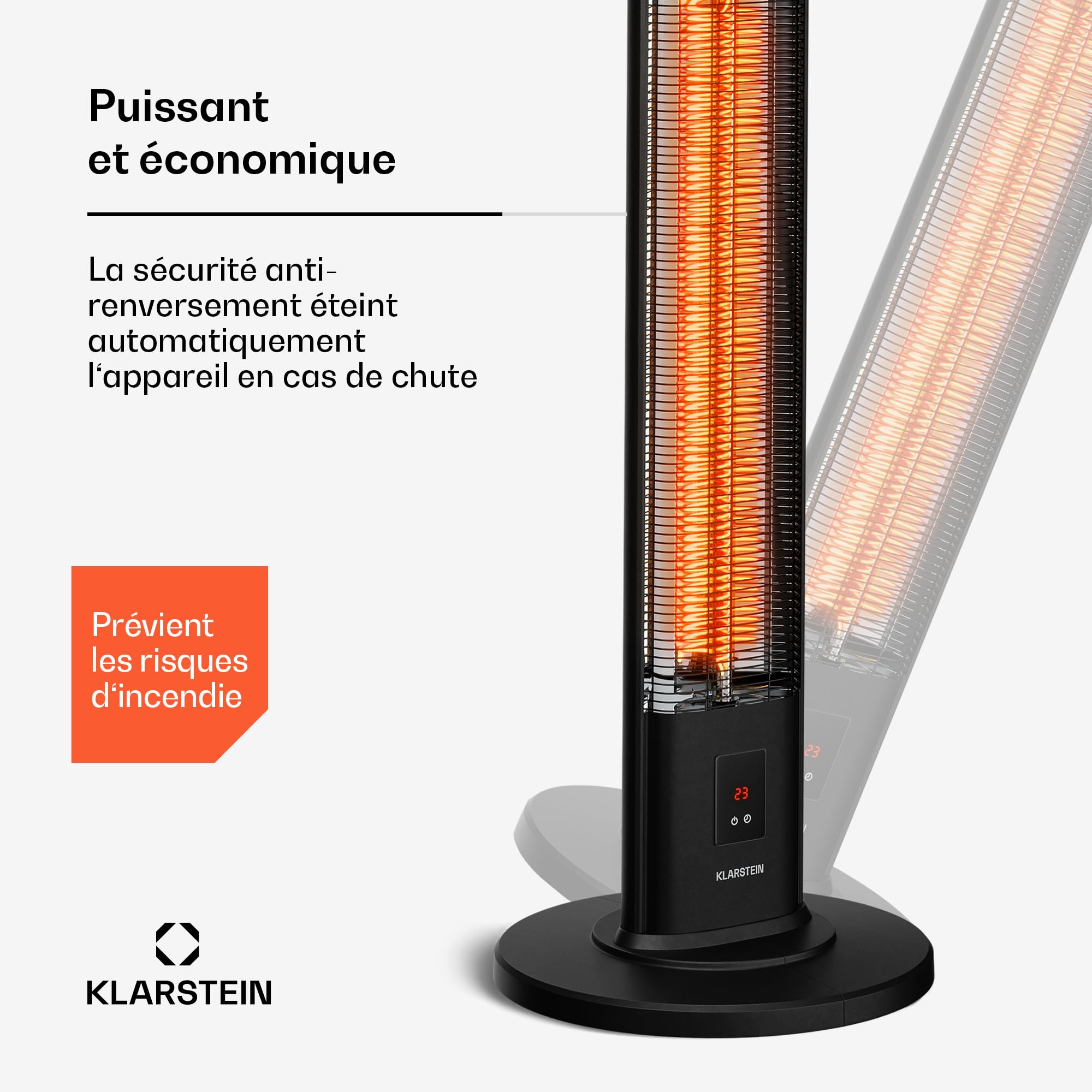 Klarstein BlazeTower Chauffage Infrarouge sur Pied - 2000W, 3 Niveaux, IP45, Télécommande, Minuterie, Protection Anti-Basculement - Radiateur Infrarouge Extérieur Terrasse