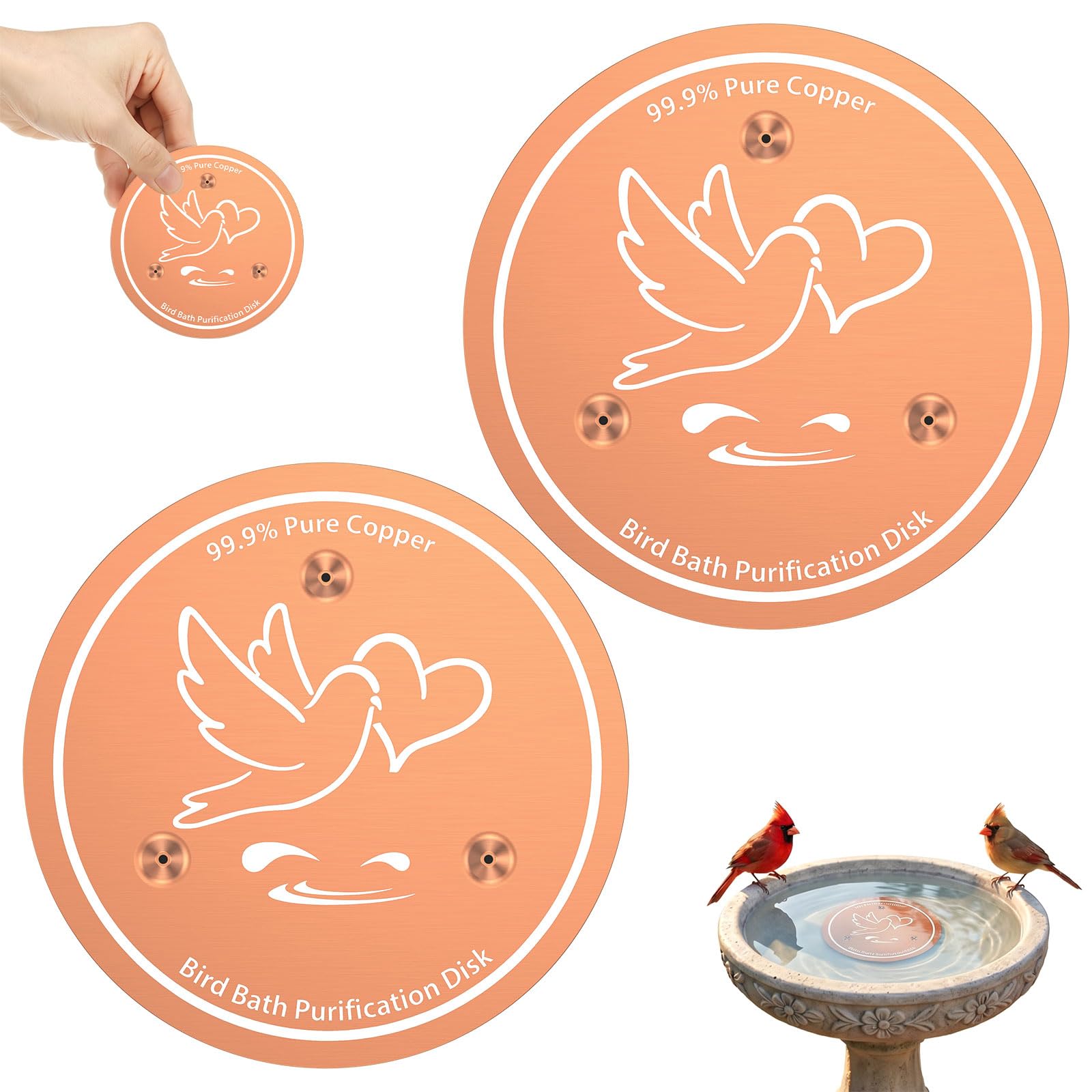 2Pcs Bird Bath Copper Disk,99.9% Pure Copper Birdbath Purification Disk 0.8mm Thick Outdoor Birds Disc with 3-Point Support Self Cleaning Design for Keeps Water All-Season Cleaning Fresh(Style 3-2PCS)