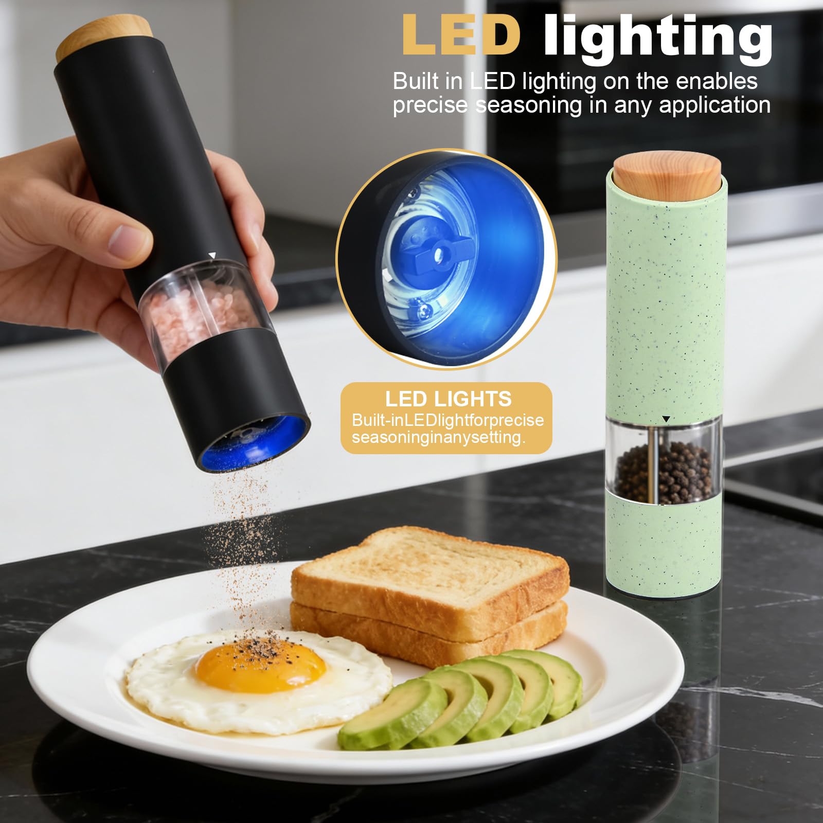 2 Pezzi Macina Sale e Pepe,Macina pepe elettrico,Macina sale elettrico,Elettrico a Batteria Macinaspezie,Rugosità regolabile,Luce LED,Nucleo macinante in ceramica,Perfetto per cucina (Verde)