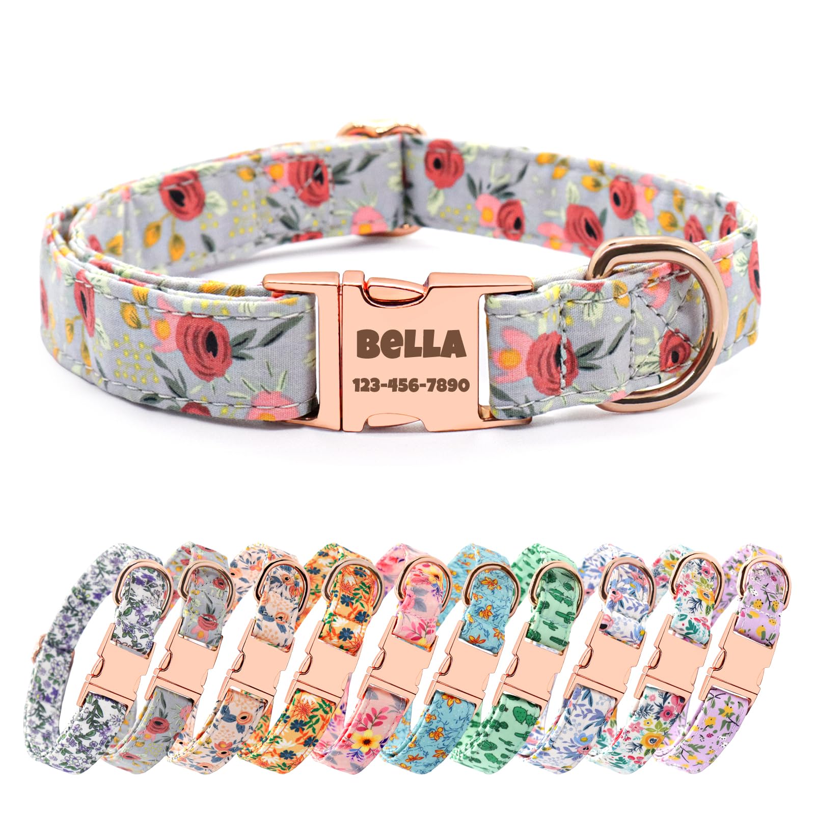 Collare per cani con nome inciso e grazioso design floreale, collare per cani personalizzato con nome, collare per cani regolabile e personalizzabile (motivo C, L (38-60 cm)