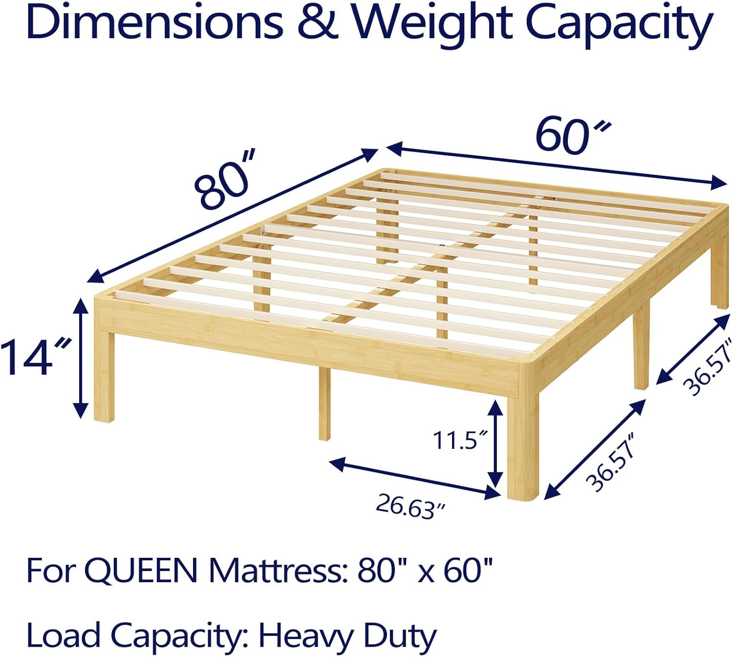 14 Inch High Bamboo Wood Heavy Duty Queen Bed Frame No Box Spring Needed, Platform Bed Frame Queen Size with Metal Slats Support, Easy to Install, Noise Free, Sturdy - Image 2