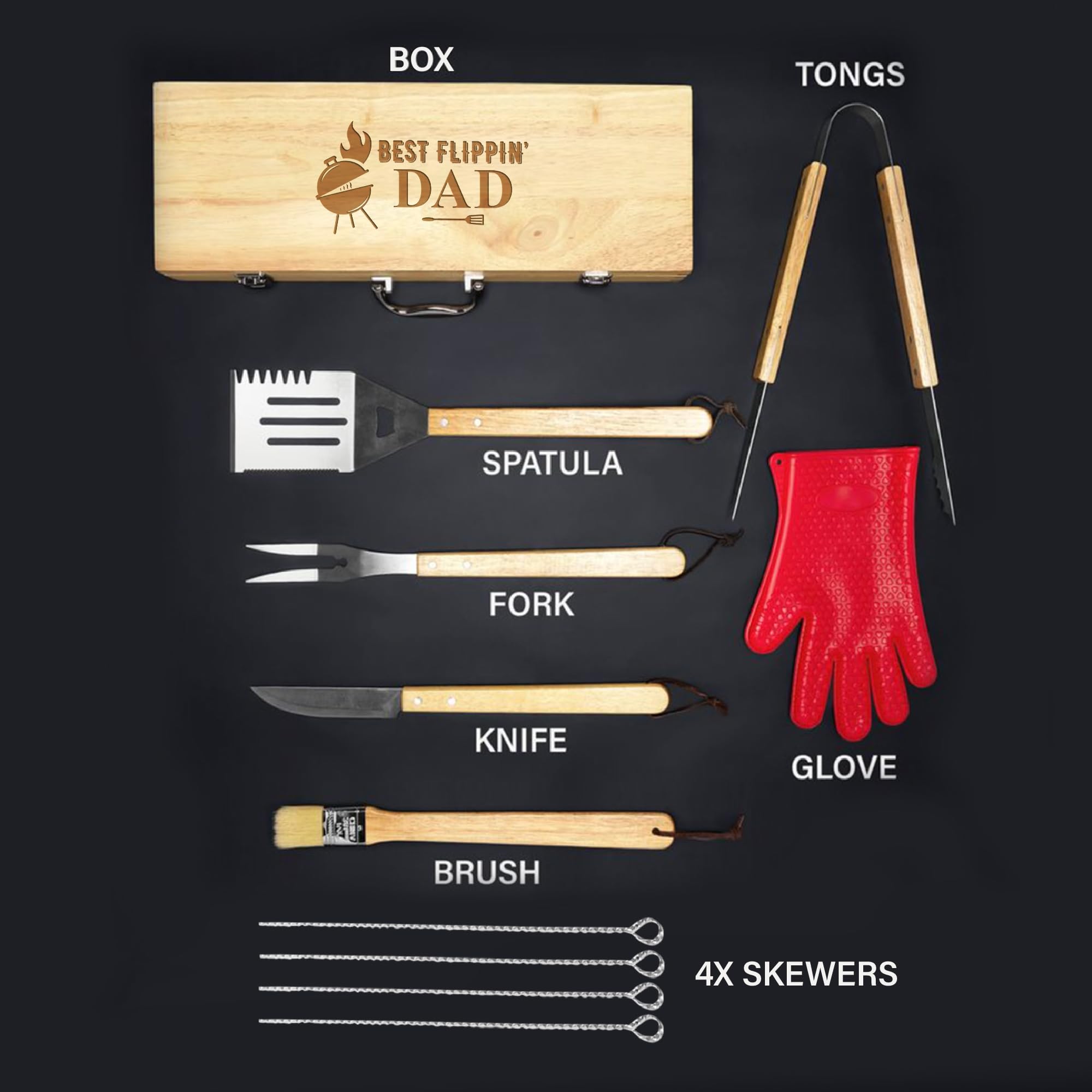 11-teiliges BBQ Grillset mit gravierter Ahornholzbox, Edelstahl-Werkzeuge mit Holzgriffen, ideales Geschenk für Papa zum Geburtstag, Vatertag - Best Flipping Dad