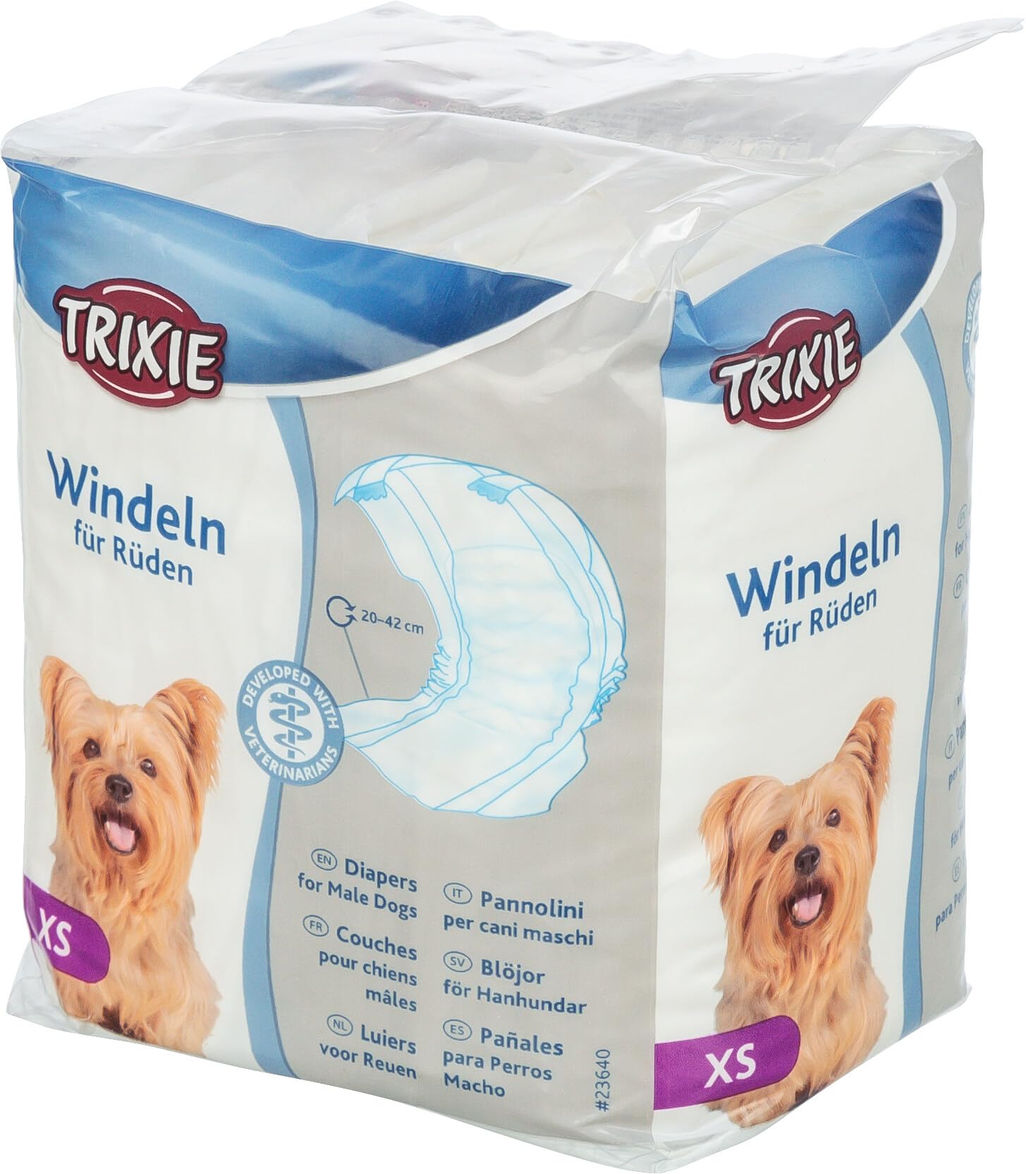 TRIXIE Pannolini per Cani Maschi, Taglia XS, Circonferenza Vita 20-42 cm, 12 Pezzi, Igiene per Incontinenza, Fascia Elastica e Chiusure Adesive, Imbottitura in Pile Sssorbente, 23640