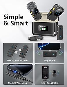 Dual Receivers Mini Microphone for iPhone, iPad, Android, Wireless Lavalier Microphone with Intelligent Noise Reduction, 48H Battery Life, 164FT, Double Lav Mics for Video Recording, YouTube, TikTok