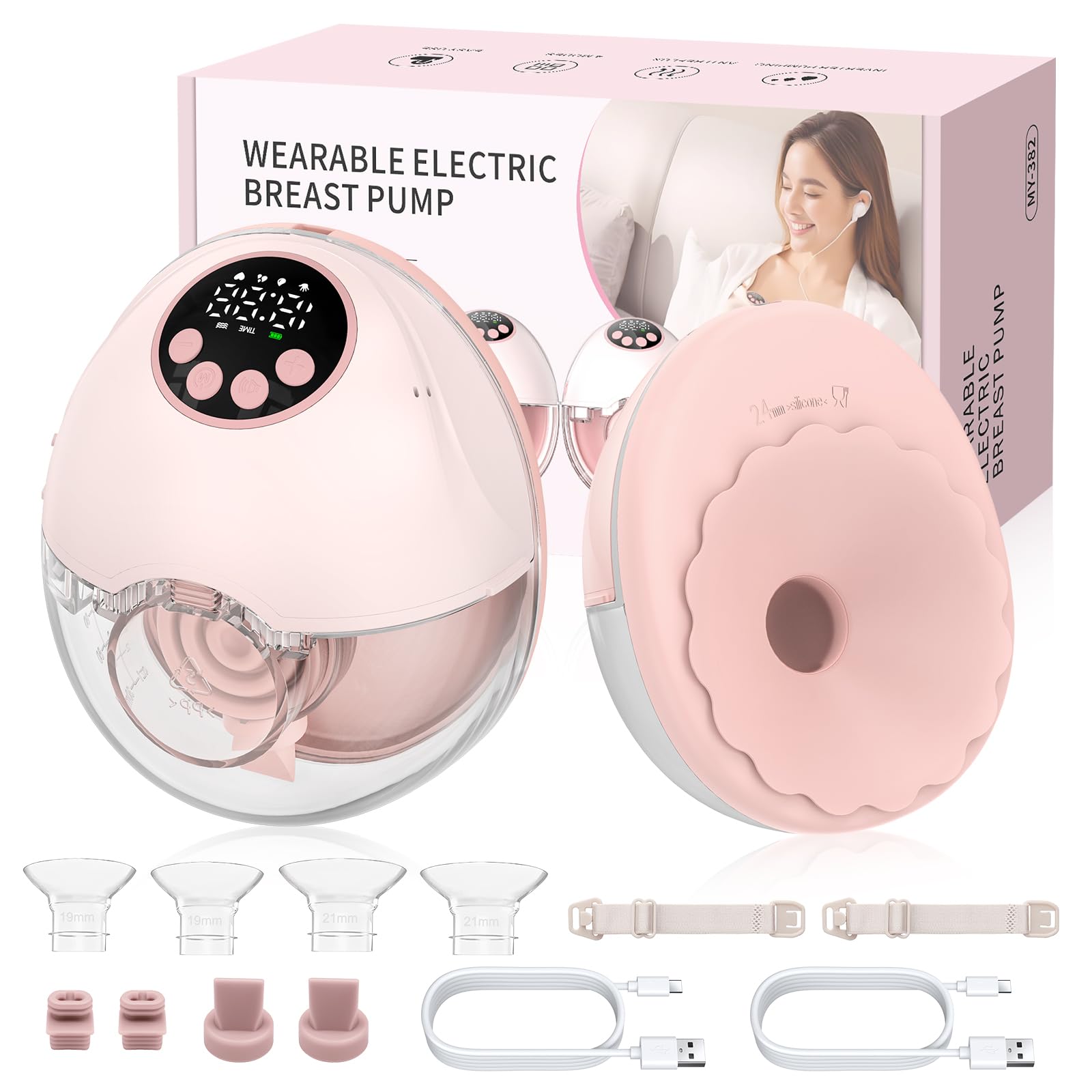 HOMGEN Milchpumpe 2 Stück Elektrische Brustpumpe Tragbare Milchpumpe mit 4 Modi, 12 Stufen,Hands-Free LED-Anzeige, Ultra-Leise, Tragbare Drahtlose Brustpumpe mit 24/21/19mm Flanschen für Mütter