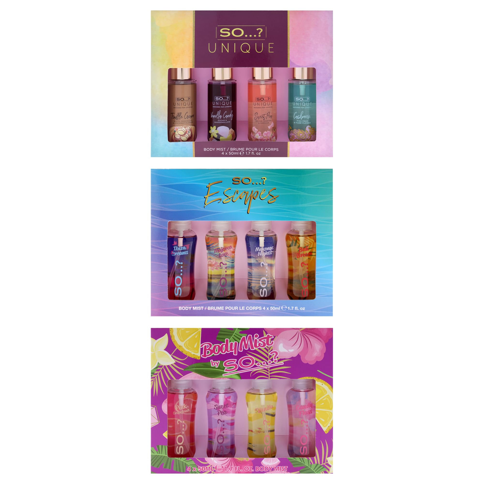 So…? Summer Escapes, Body Mist by So…? & Unique Womens Gift Sets Bundle, Body Mist Fragrance Spray (4x50ml) Pack of 3