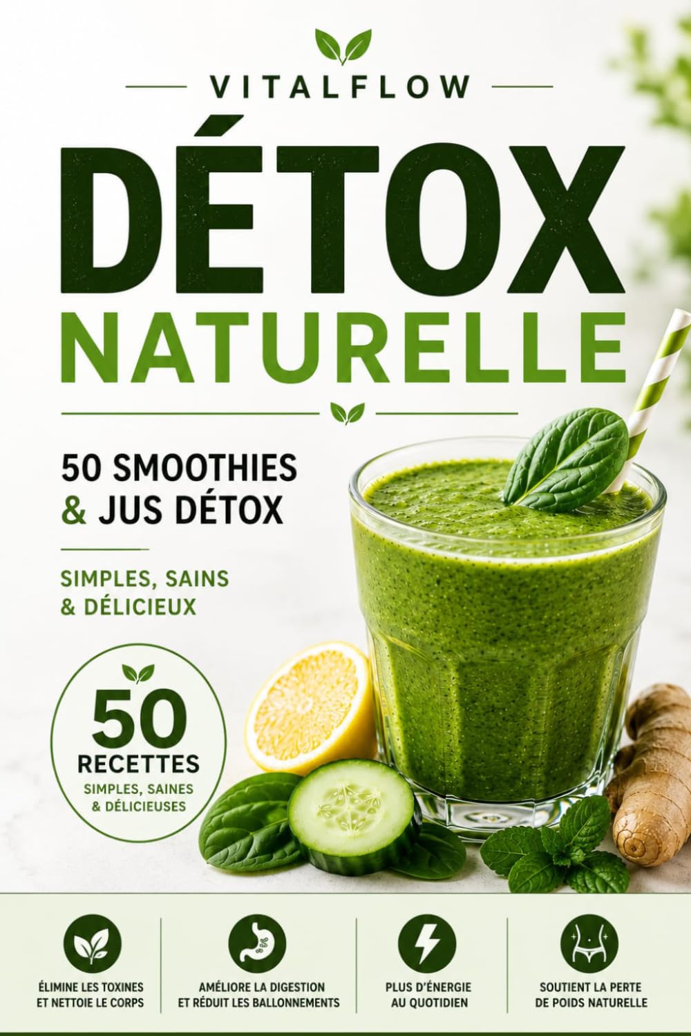 VitalFlow – Le Guide Ultime des Smoothies Détox 50 Recettes • Plans Détox 7, 14 & 21 Jours • Guide Débutant