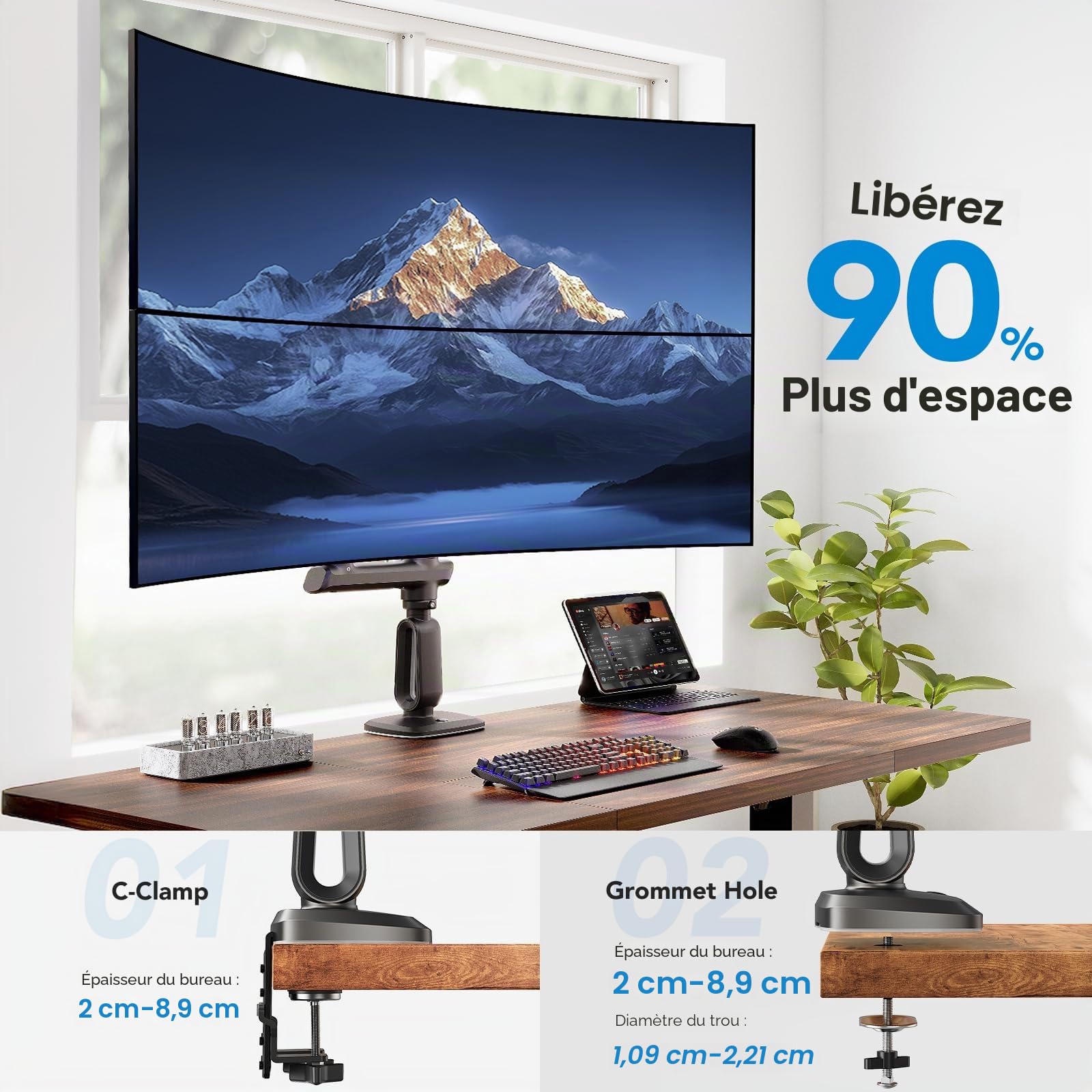 HUANUO Bras Écran PC 2 Écran Ultra-Large 13 à 49 Pouces à 18 kg, Support Double Écran PC Bureau Extra Haut e, Support Écran PC 2 Écran Empilé Verticalement et Réglable, VESA Max 100 x 100mm