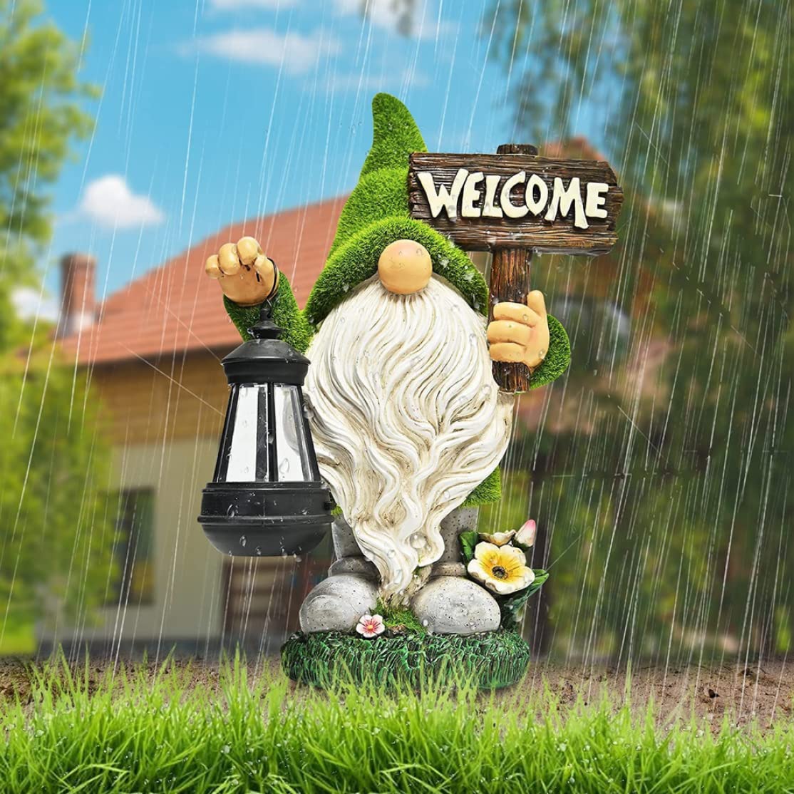 Gnomo giardino divertente con lanterna solare segno di benvenuto ornamenti da giardino solare doni di figura gnoma per prato da patio