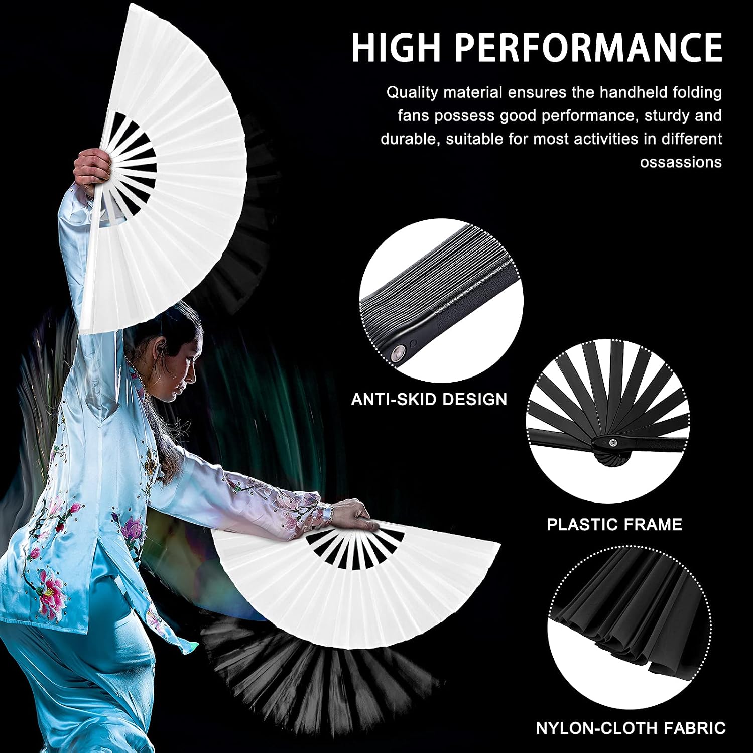 Blulu 4 Pcs Large Folding Fans Bulk with 4 Fan Sleeves, Chinese Kung Fu Hand Clack Rave Fans for Line Dancing, Festival, Party Decor and Performance(Classic Style,Black, White,13 Inch)