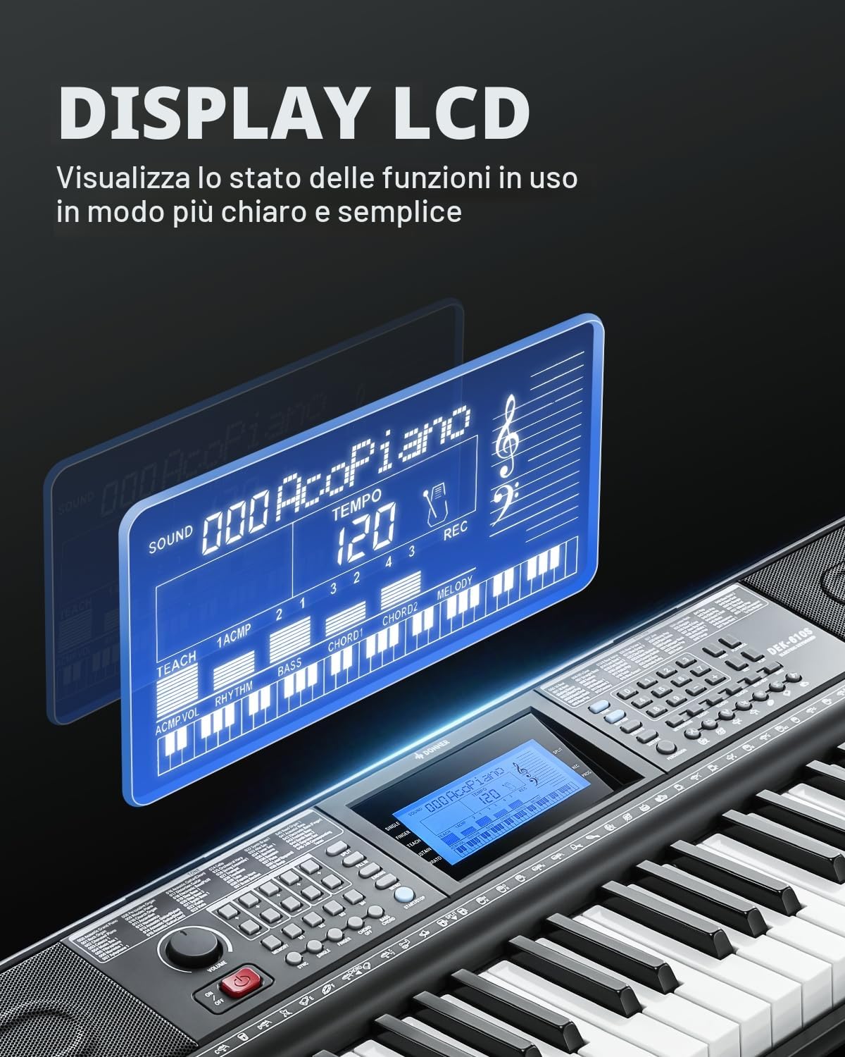 Donner DEK-610S Keyboard Piano 61 tasti tastiera elettrica 249 voci 249 ritmi supporto sgabello microfono nero