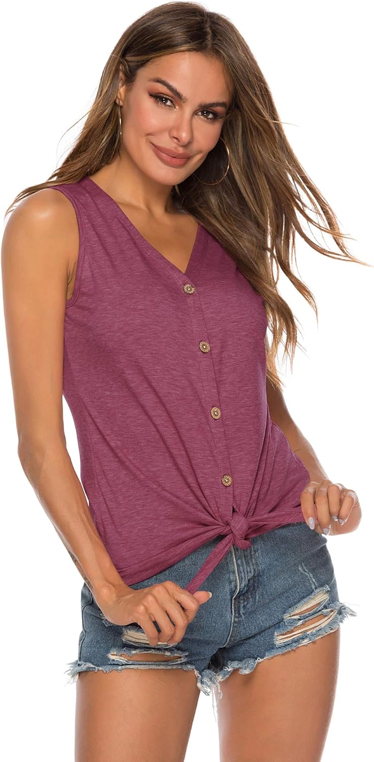 Women's Tie Knot Button Down Shirts Sleeveless Casual Blouse Curved Hemline Tops S-XXL