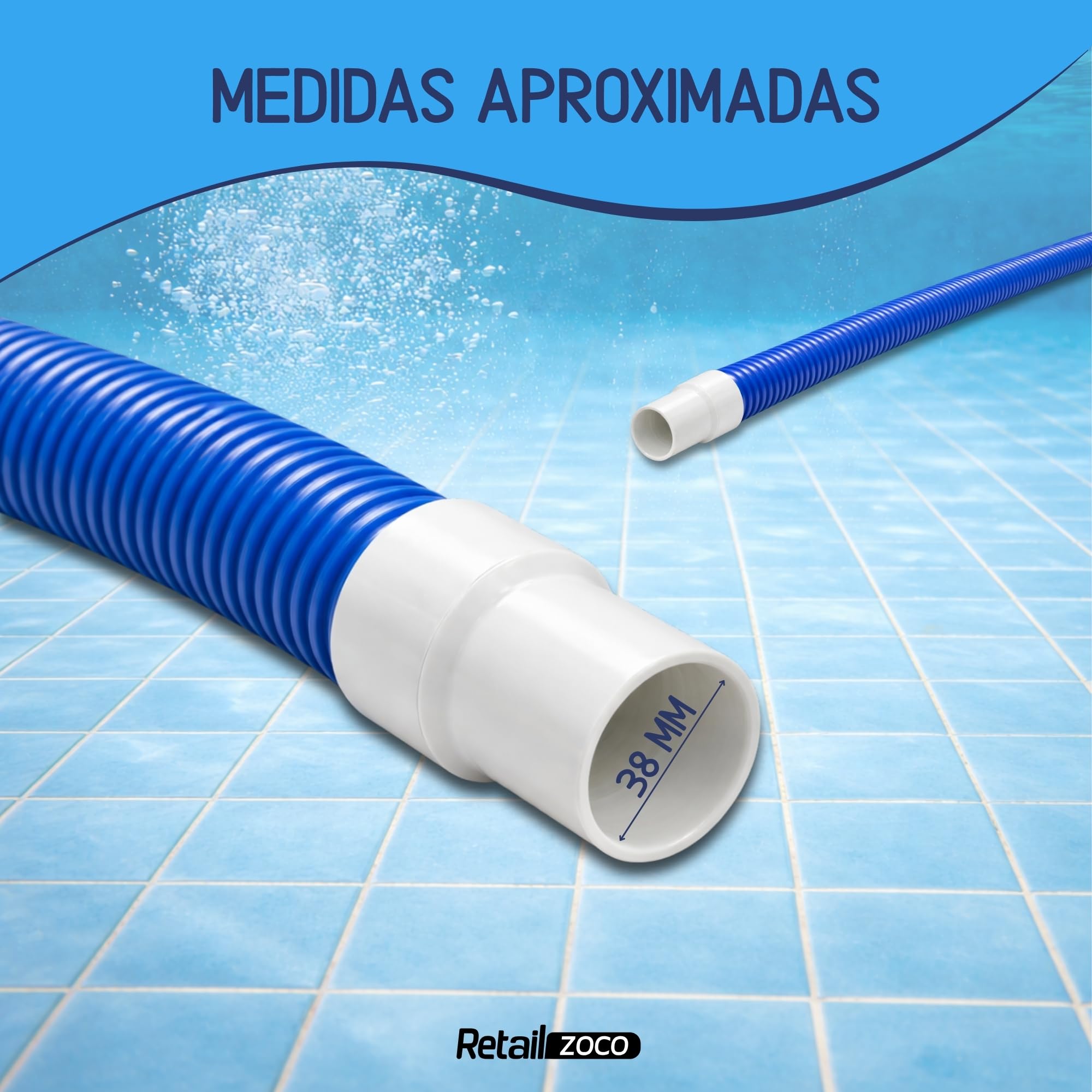 Manguera flotante de piscina, Manguera limpiafondos, Manguera Piscina, Resistente a los rayos UV, Apto para todo tipo de piscinas, Diámetro ø de 38 mm, Longitud 8 Metros