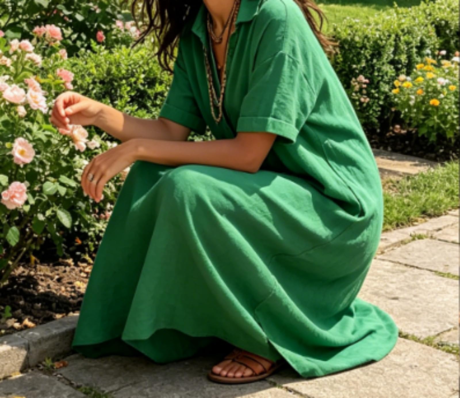 Generico Maxi Abito da Donna con Scollo a V, Colletto risvoltato e Spacco – Abito Casual con Tasca, Ideale Come Copricostume per Le Vacanze estive