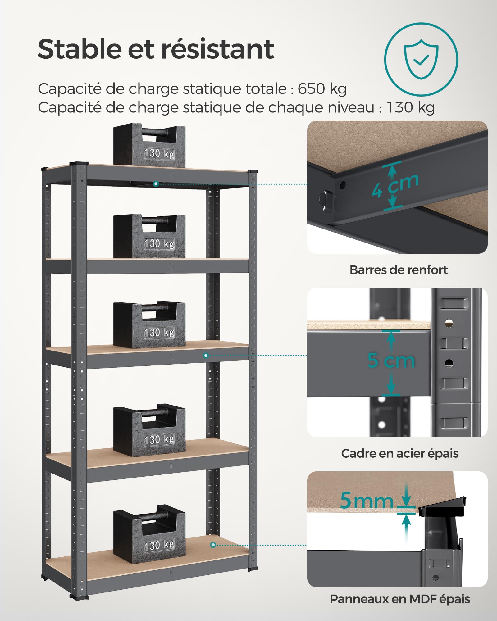 Étagère Charges Lourdes SONGMICS 5 Niveaux 875kg - 30x75x150cm Garage Cave Bureau Noir