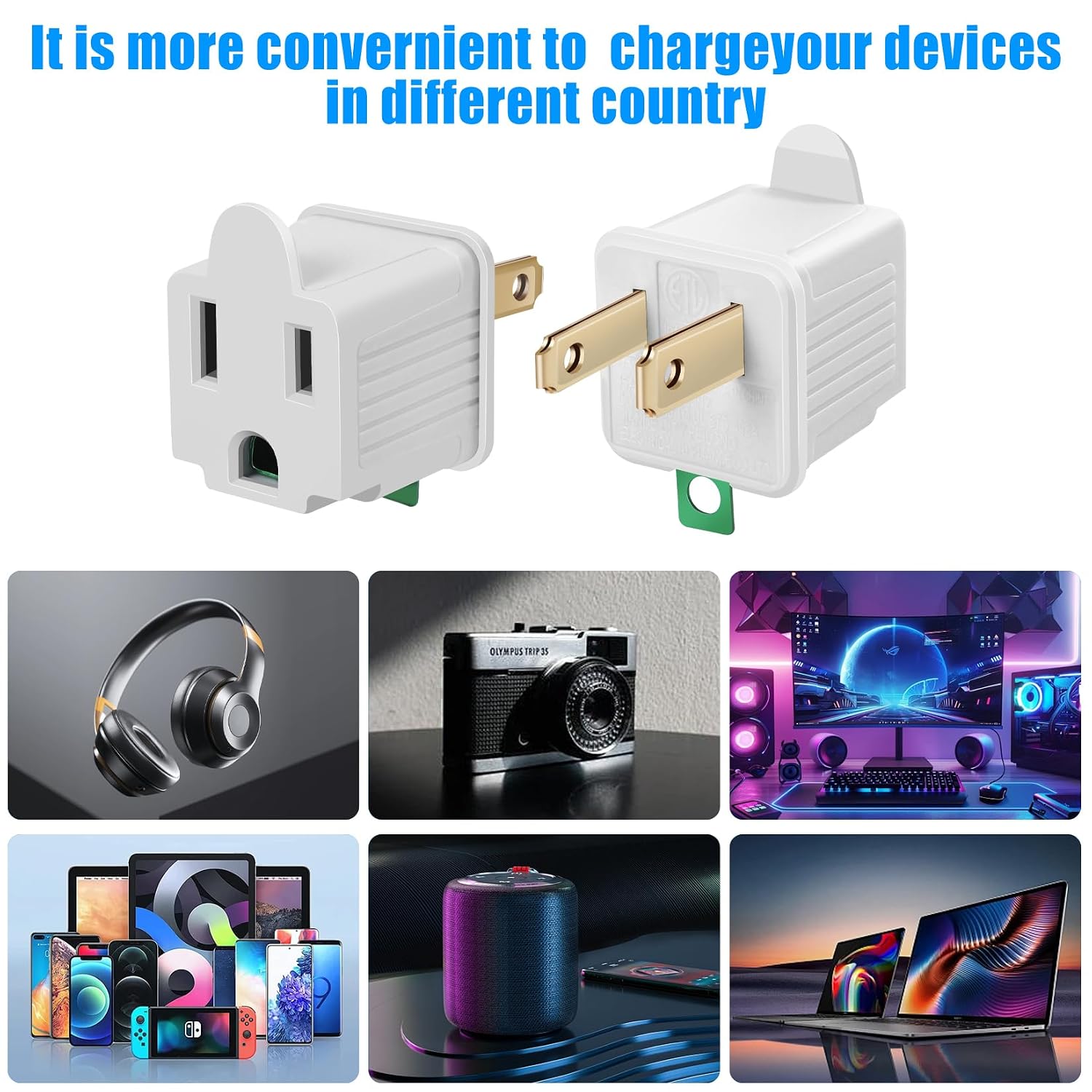 2 Prong to 3 Prong Outlet Plug Adapter, Three Prong to Two Prong Adapter Converters for Wall Outlets Plugs, Polarized Grounding Plug Adapter, ETL Listed, White (2)